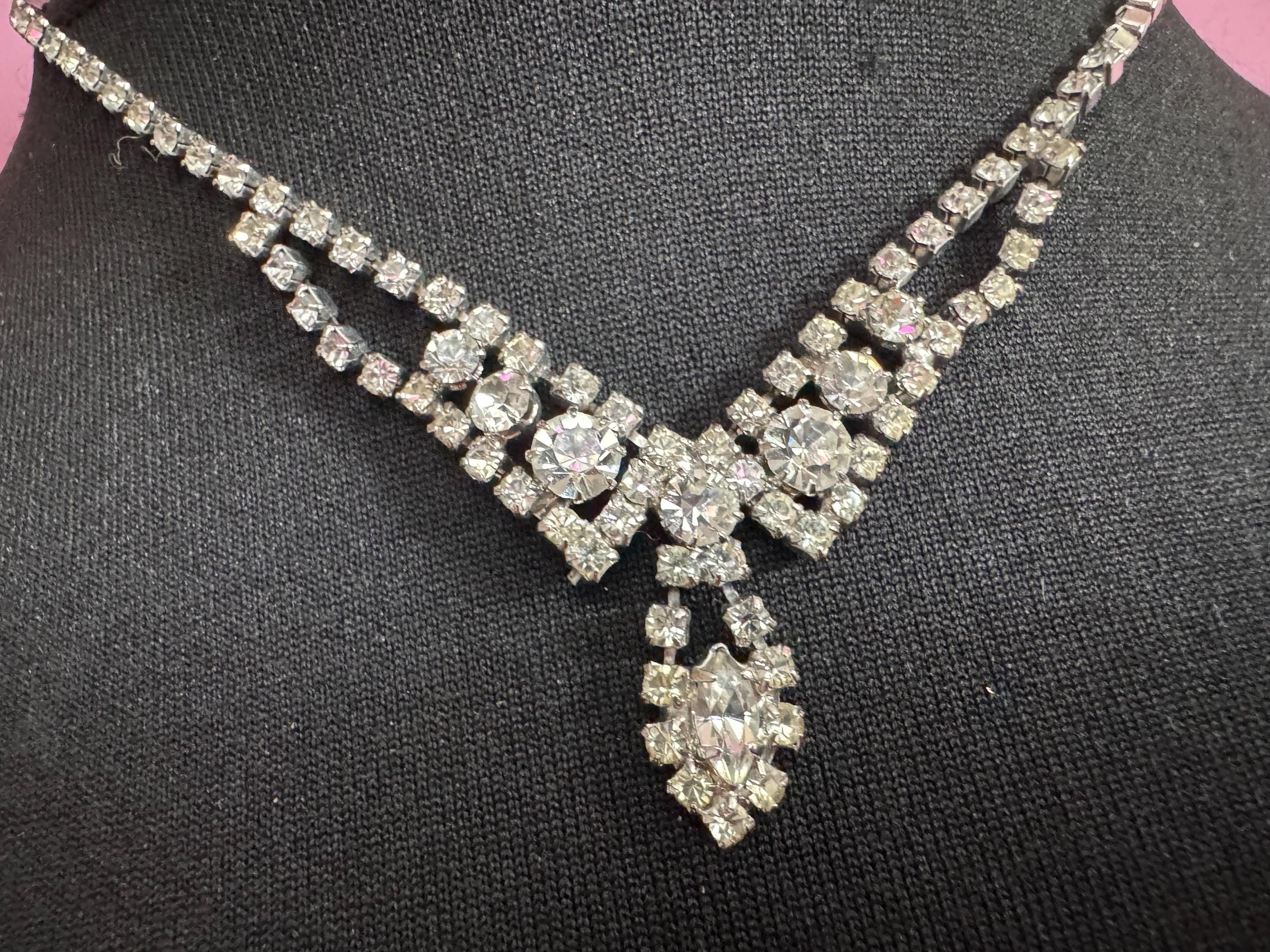 43cm vintage clear diamanté rhinestone crystal silver tone drop choker necklace mid century