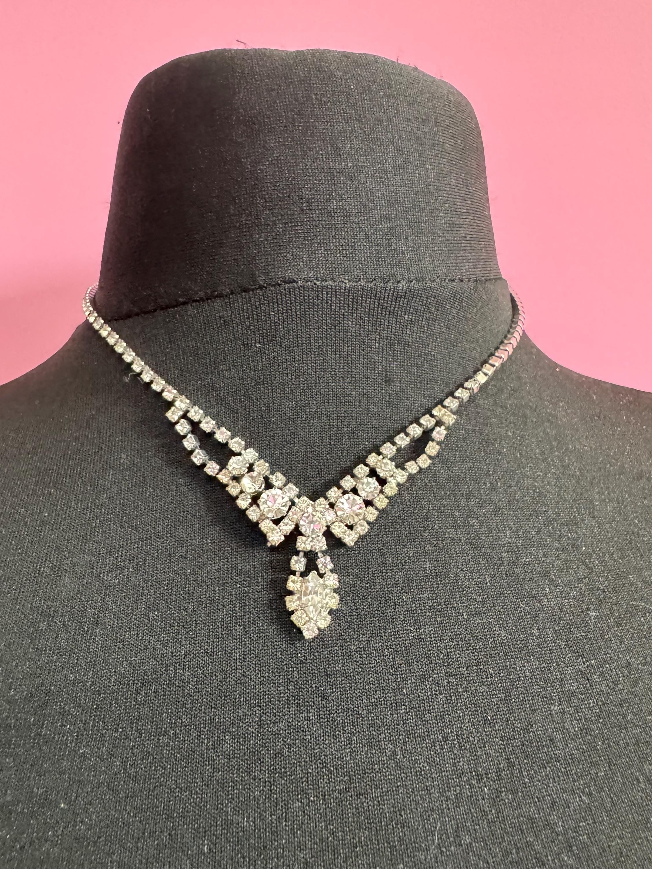 43cm vintage clear diamanté rhinestone crystal silver tone drop choker necklace mid century