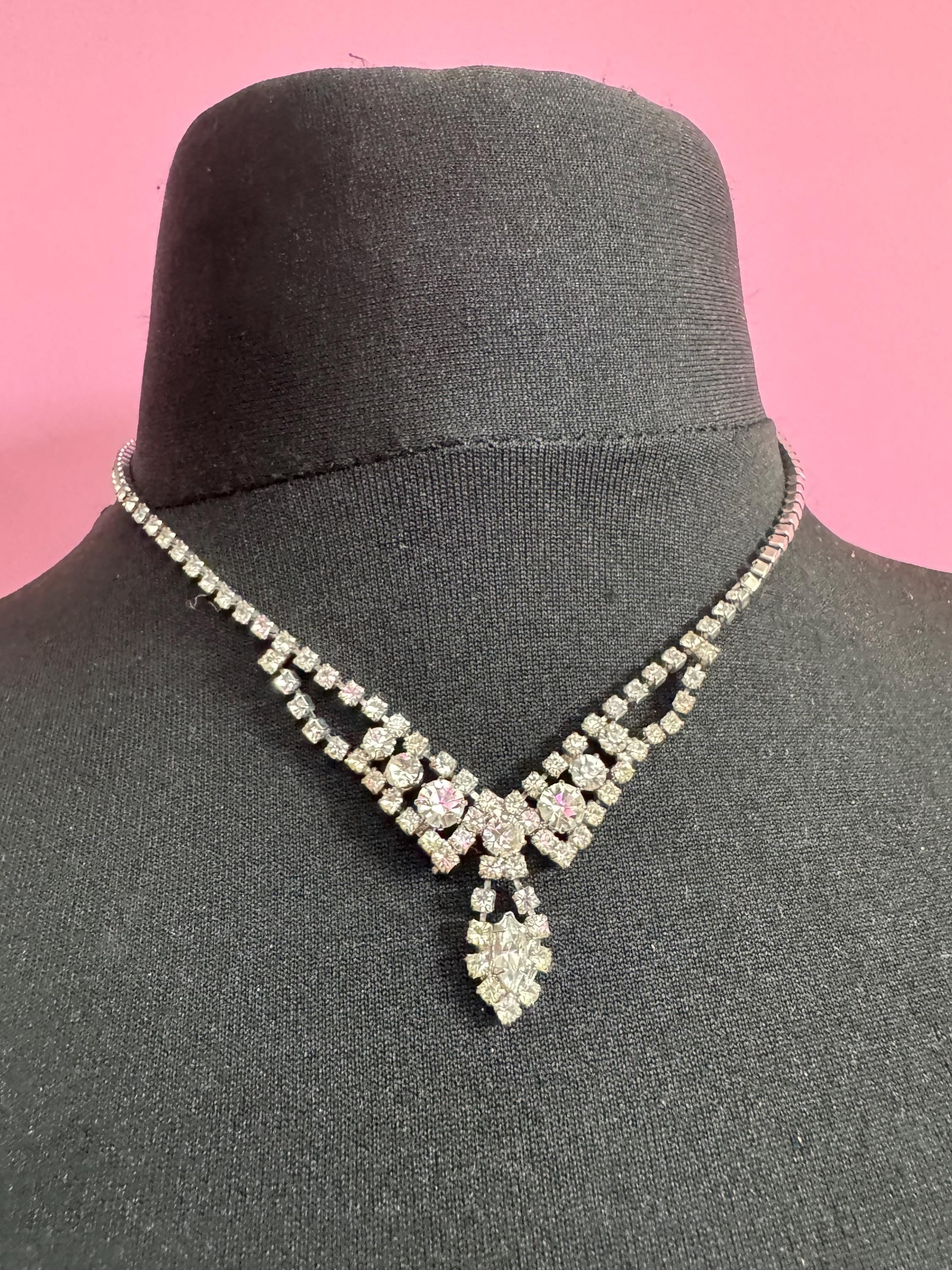 43cm vintage clear diamanté rhinestone crystal silver tone drop choker necklace mid century
