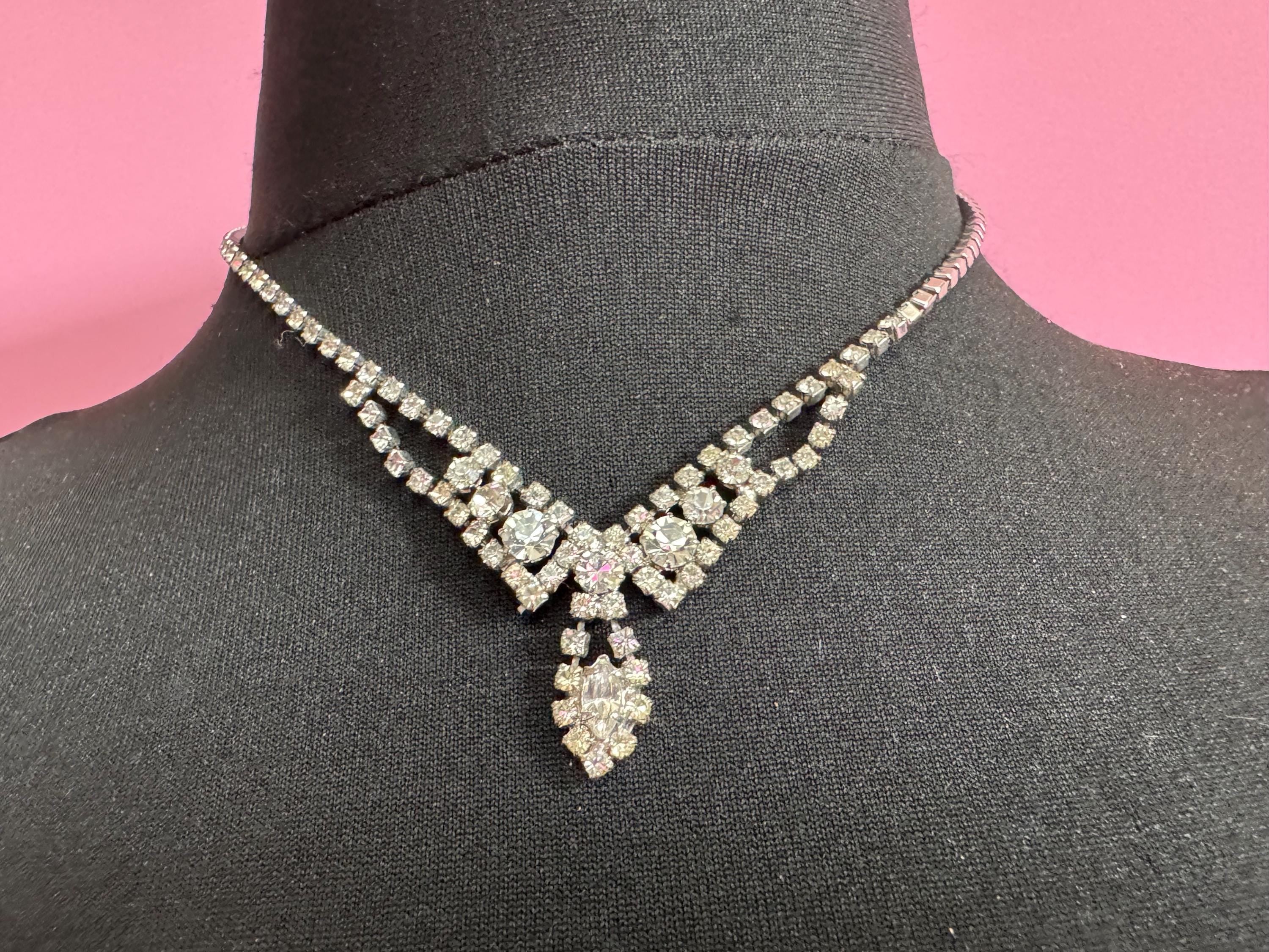 43cm vintage clear diamanté rhinestone crystal silver tone drop choker necklace mid century