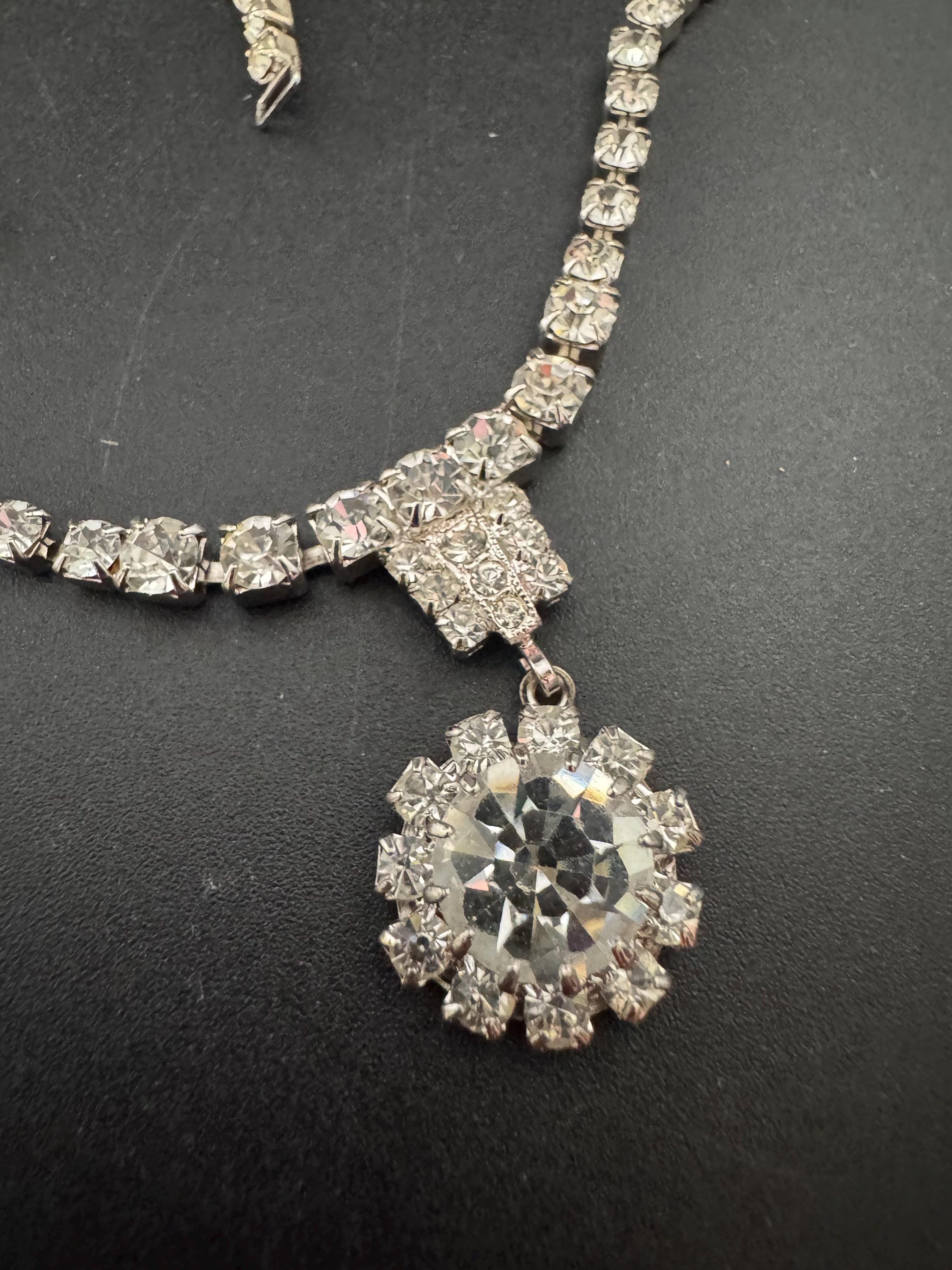 45cm vintage clear diamanté rhinestone crystal silver tone drop choker necklace mid century