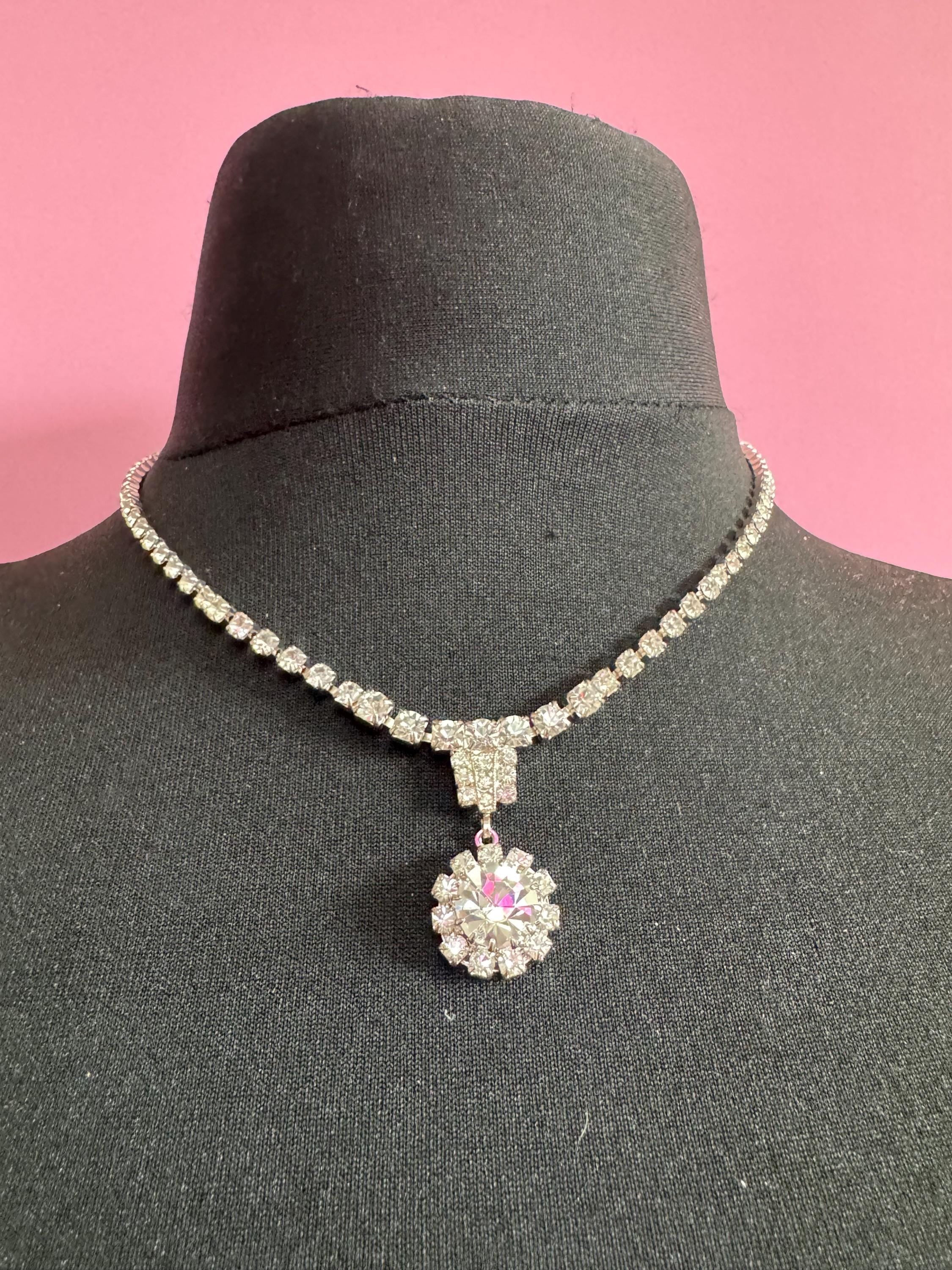 45cm vintage clear diamanté rhinestone crystal silver tone drop choker necklace mid century