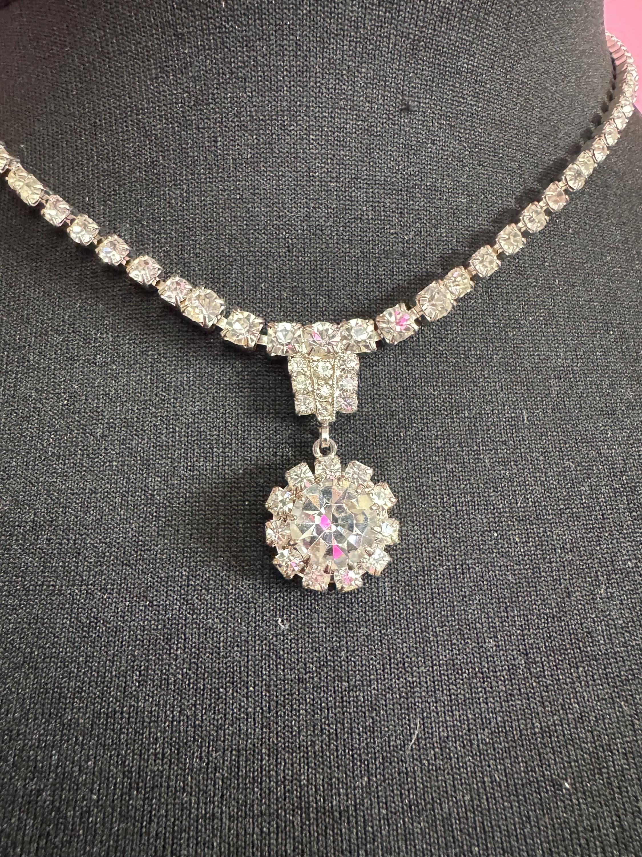 45cm vintage clear diamanté rhinestone crystal silver tone drop choker necklace mid century