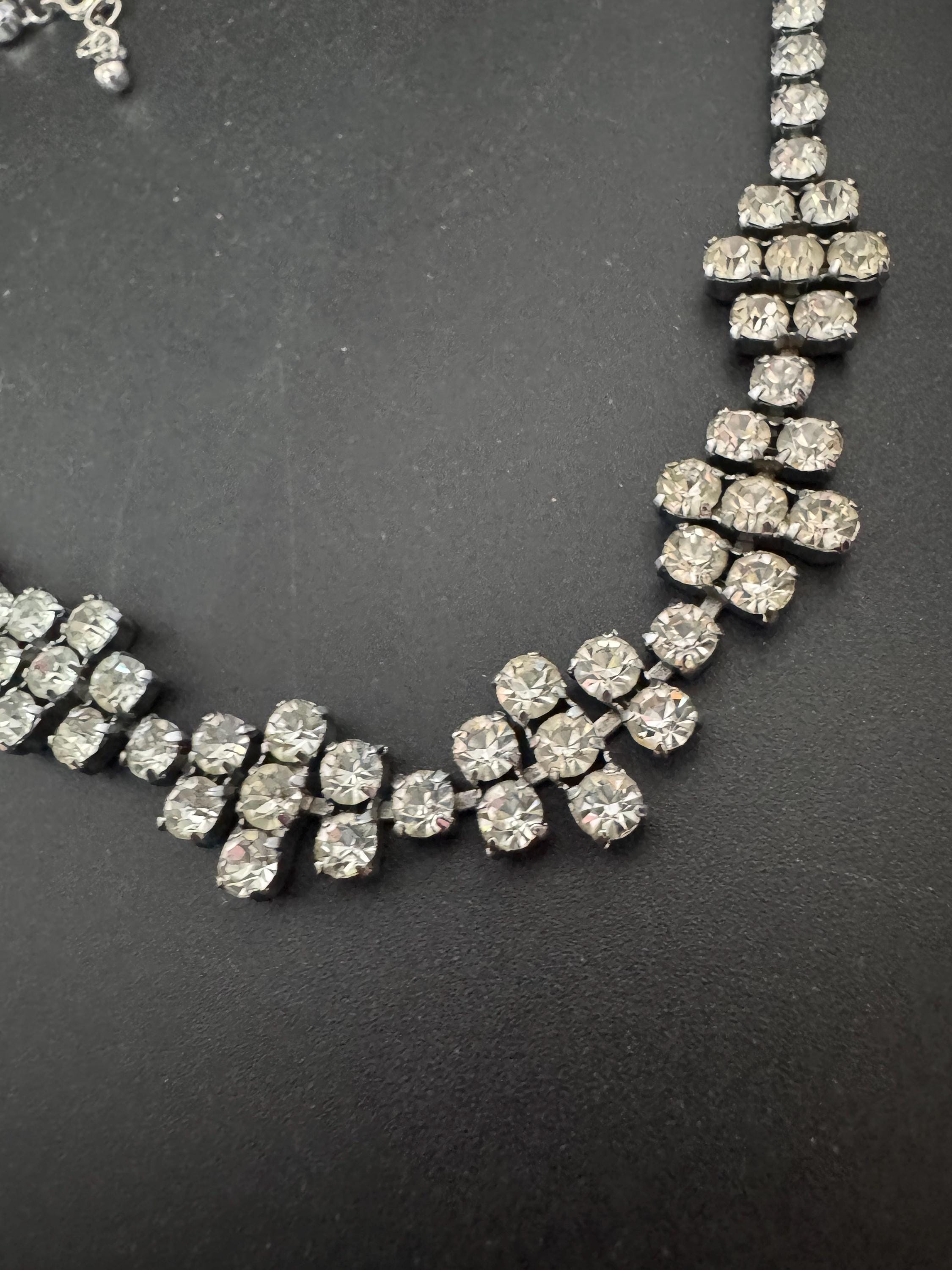 40-45cm vintage clear diamanté rhinestone crystal silver tone choker necklace mid century