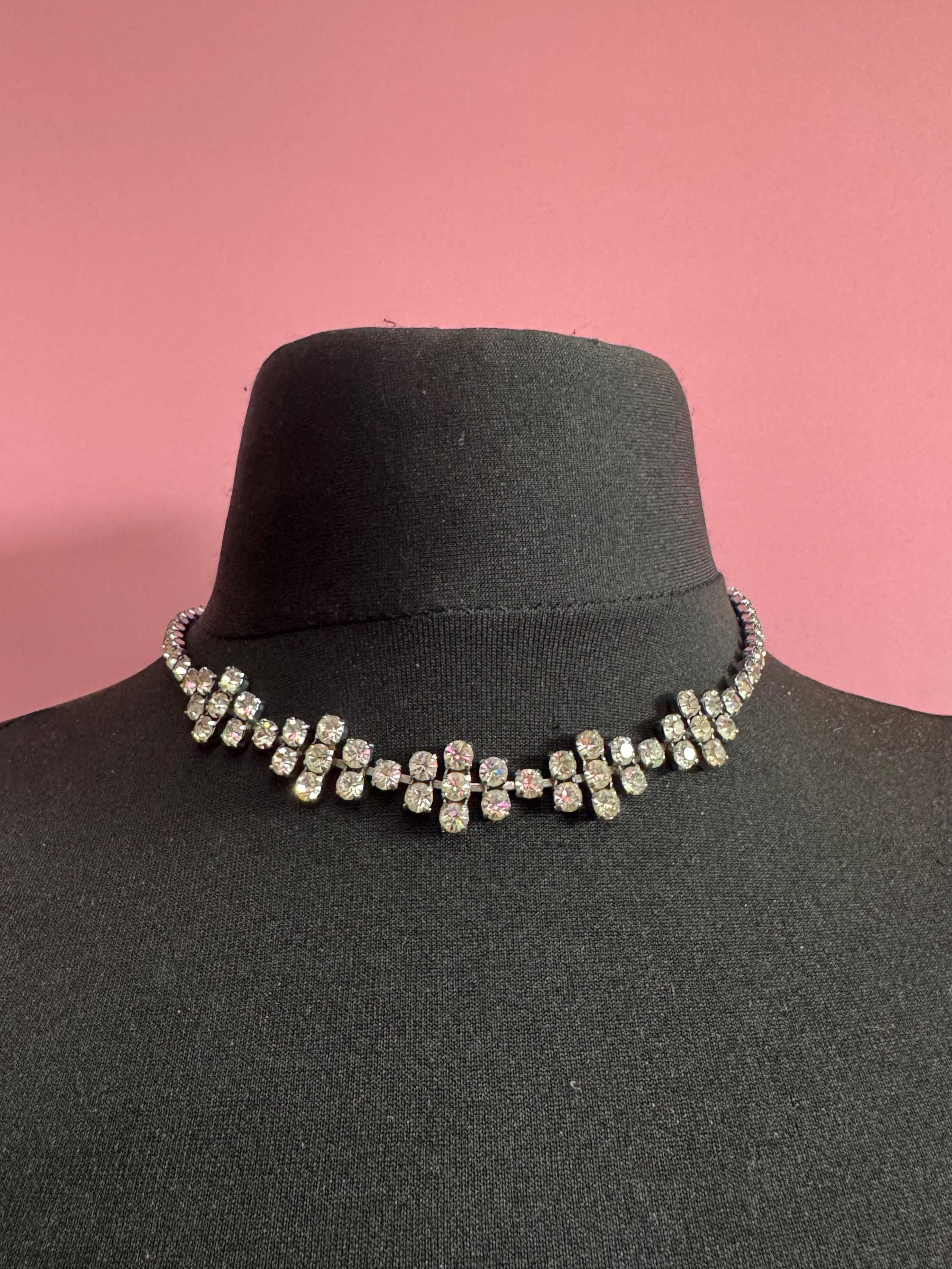 40-45cm vintage clear diamanté rhinestone crystal silver tone choker necklace mid century