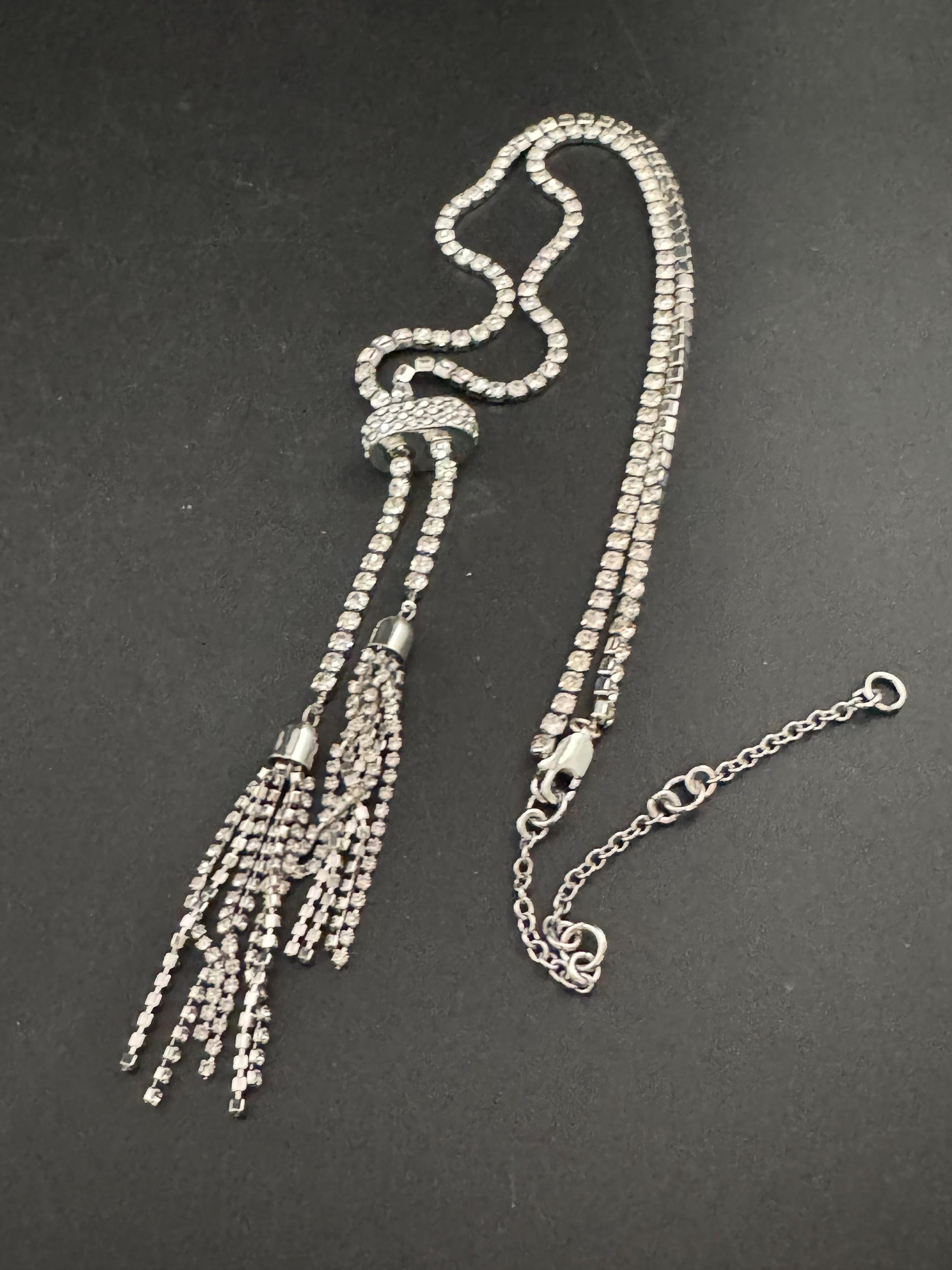 54-64cm retro clear diamanté rhinestone crystal silver tone drop tassel necklace 90s
