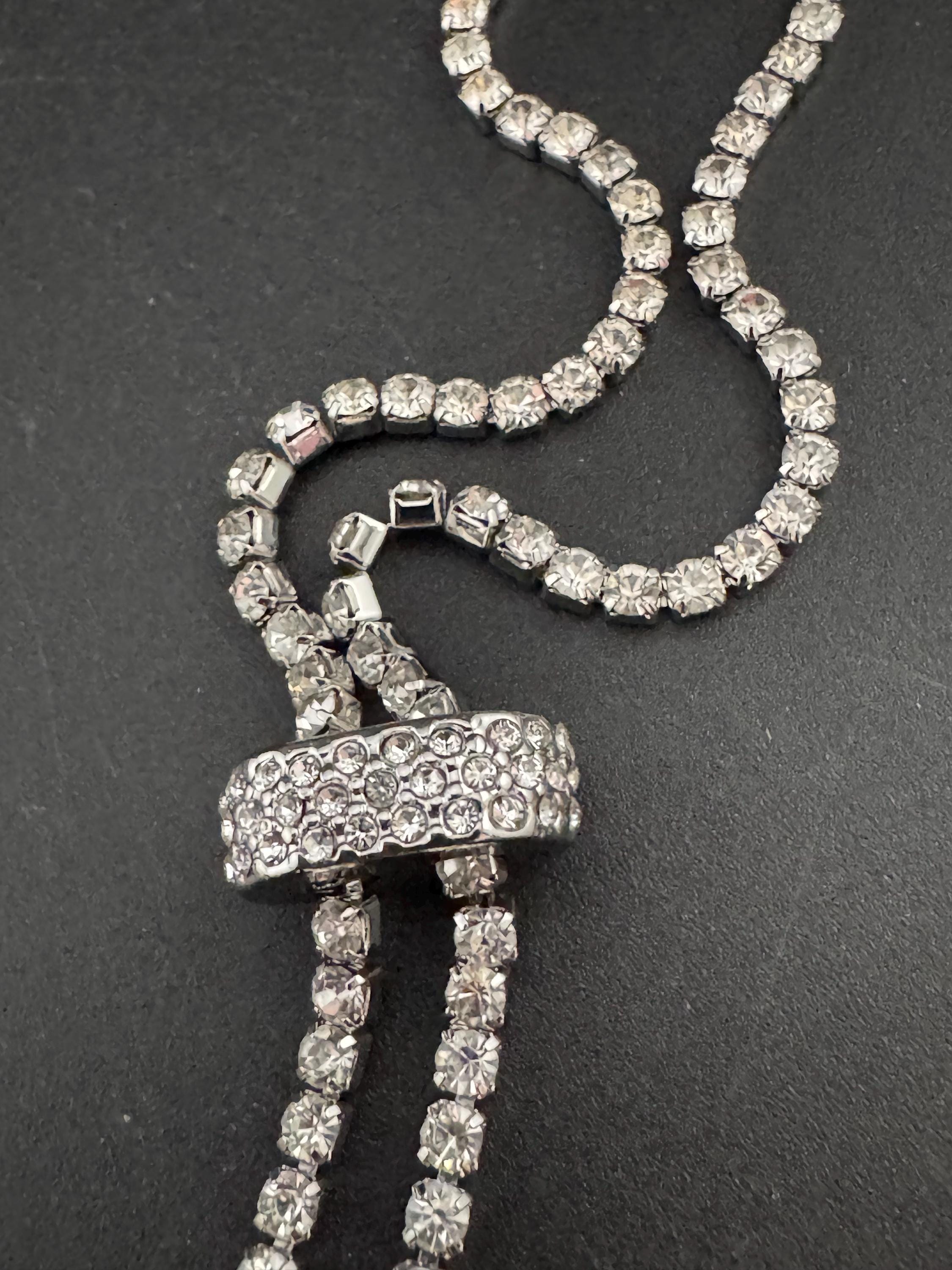 54-64cm retro clear diamanté rhinestone crystal silver tone drop tassel necklace 90s