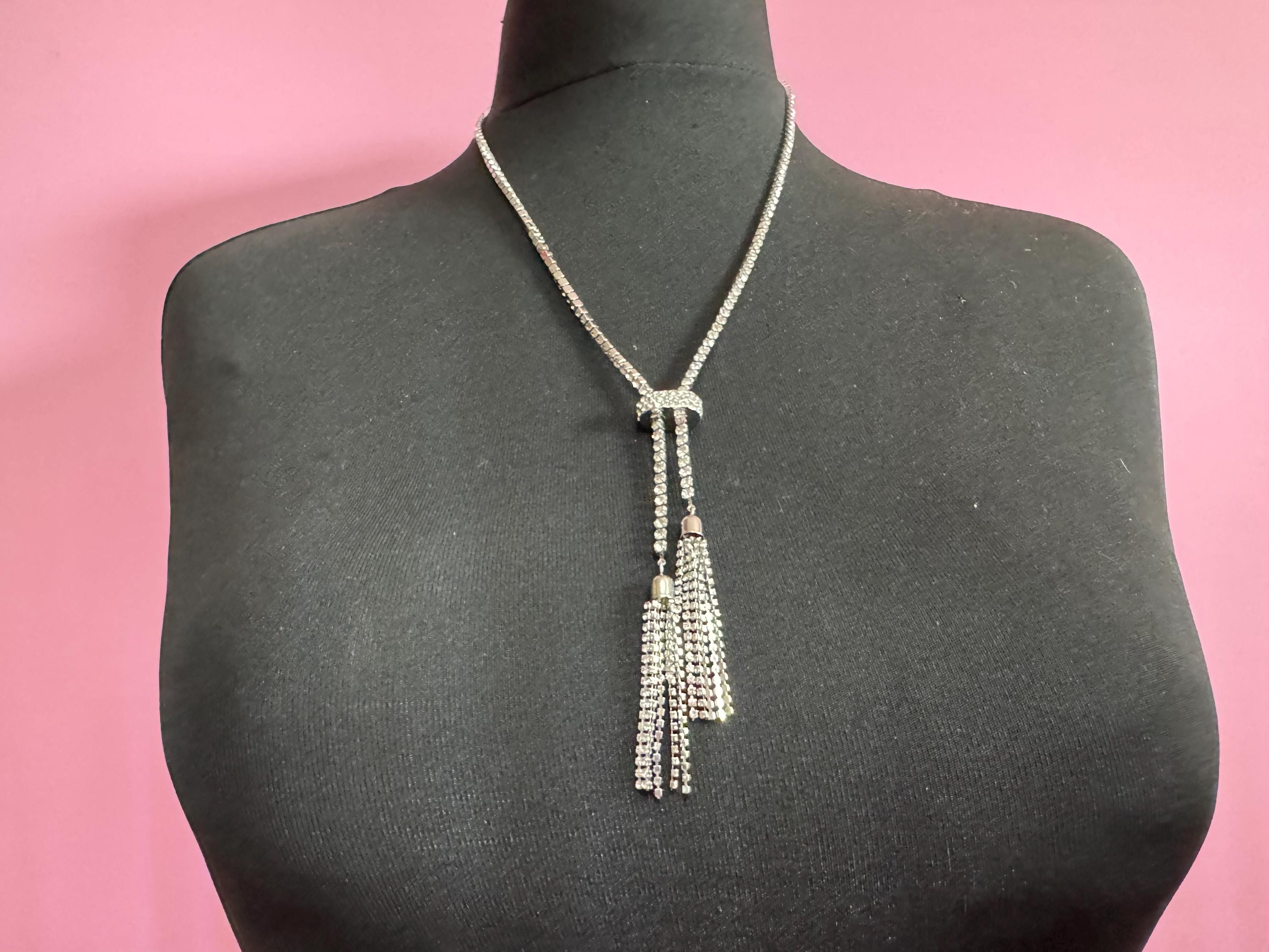 54-64cm retro clear diamanté rhinestone crystal silver tone drop tassel necklace 90s