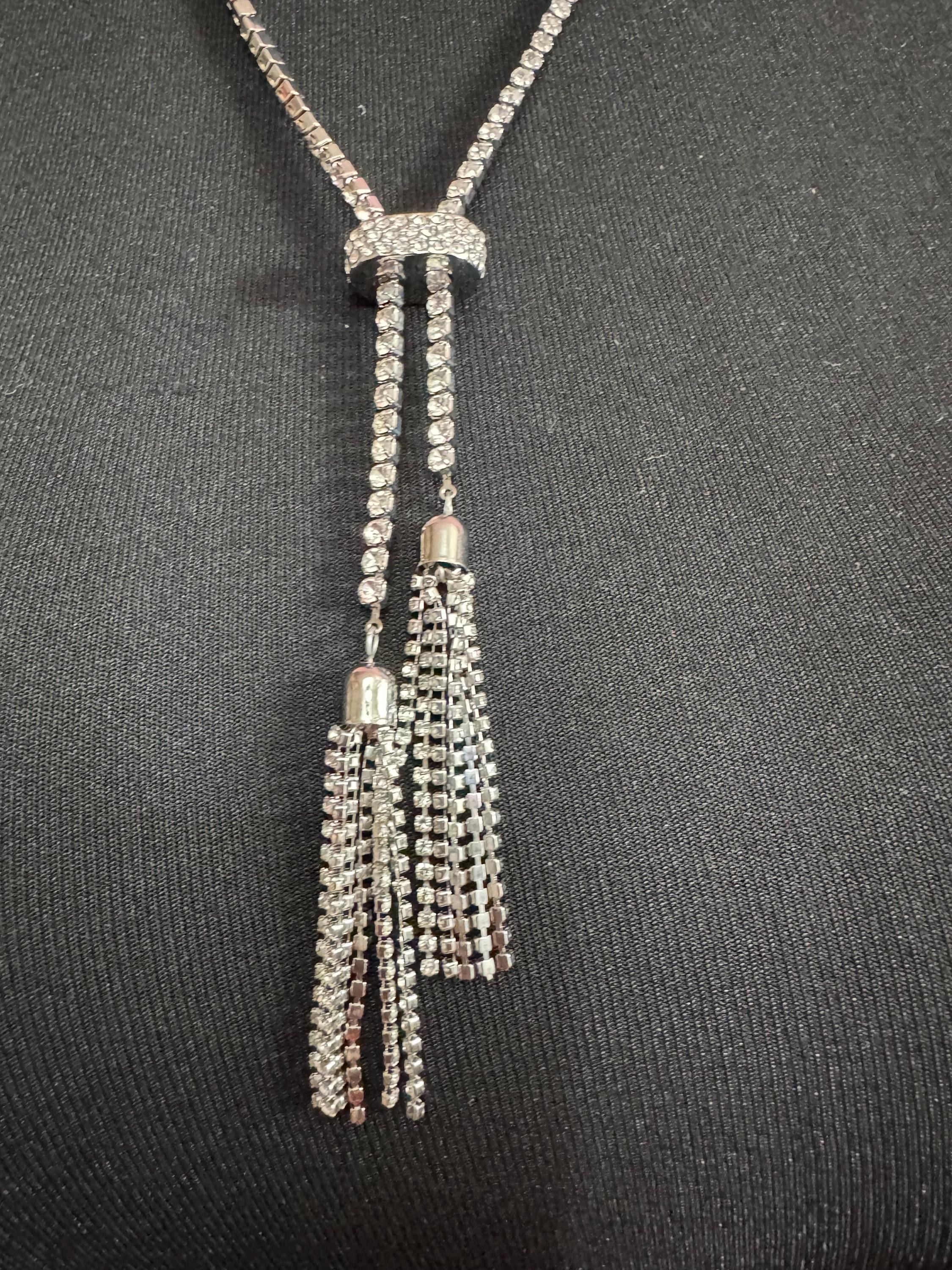 54-64cm retro clear diamanté rhinestone crystal silver tone drop tassel necklace 90s