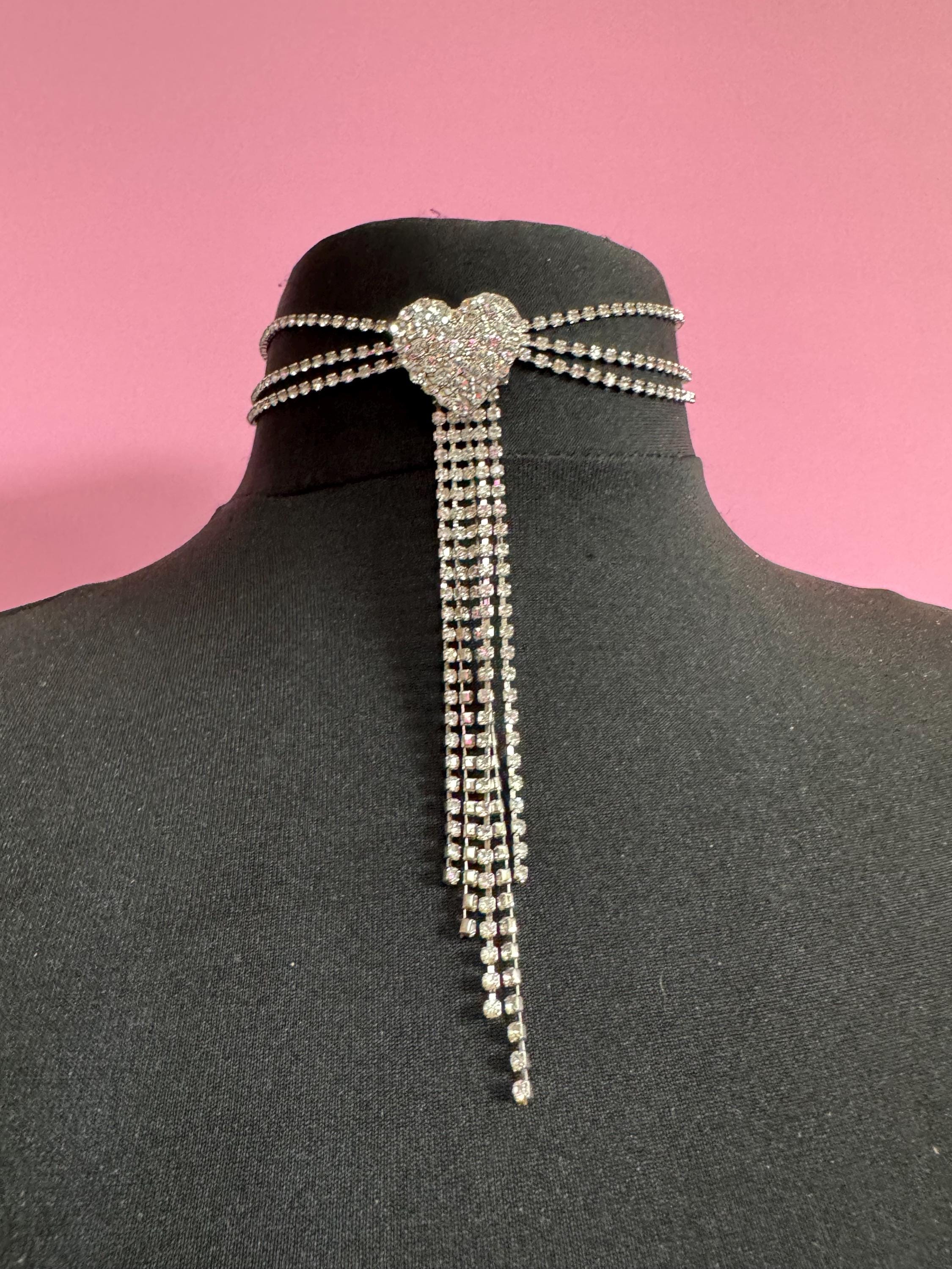 Signed Mikey retro clear diamanté rhinestone crystal silver tone love heart drop tassel necklace 90s