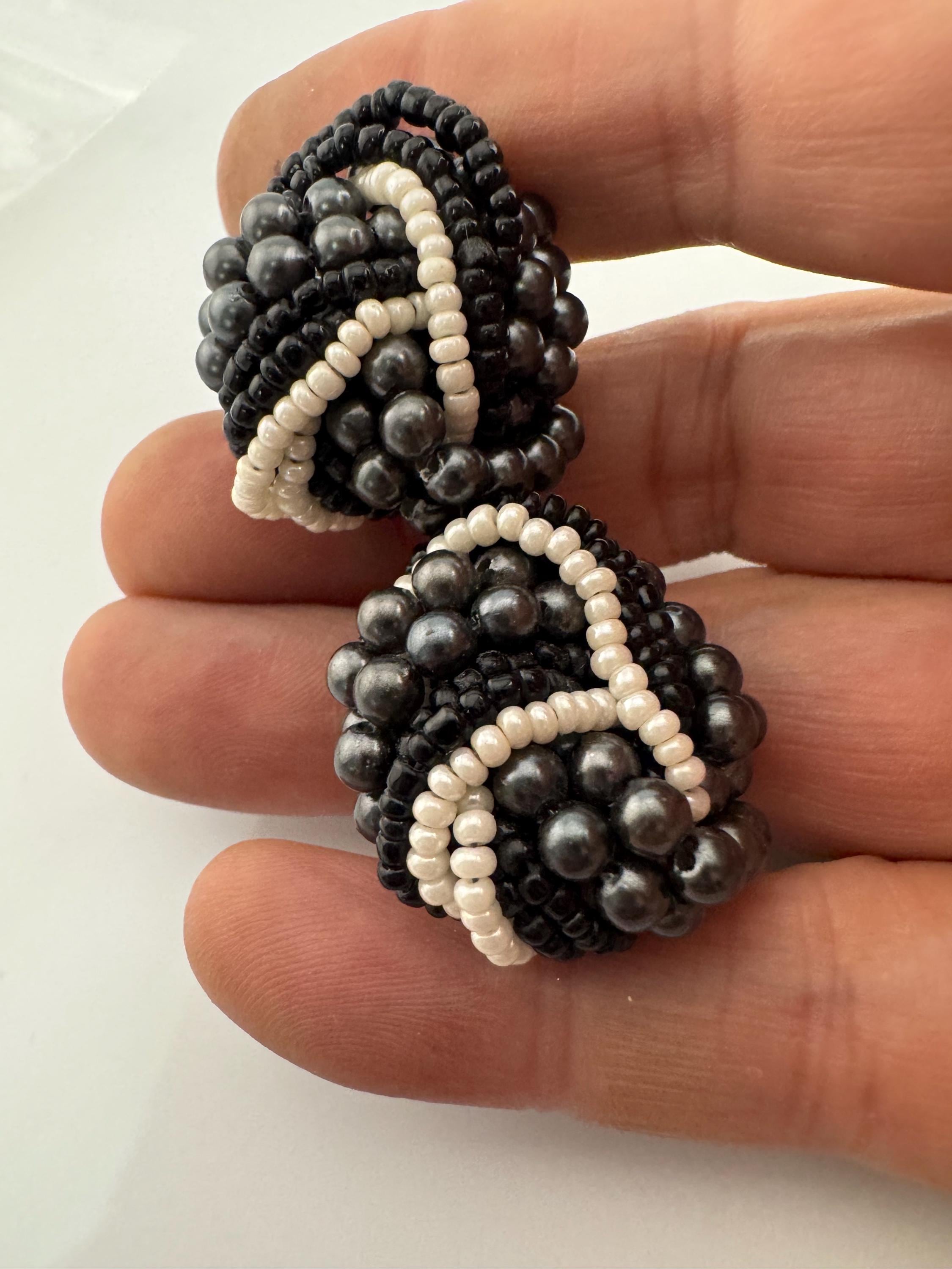 Black grey glass pearl seed bead turban clip on earrings vintage