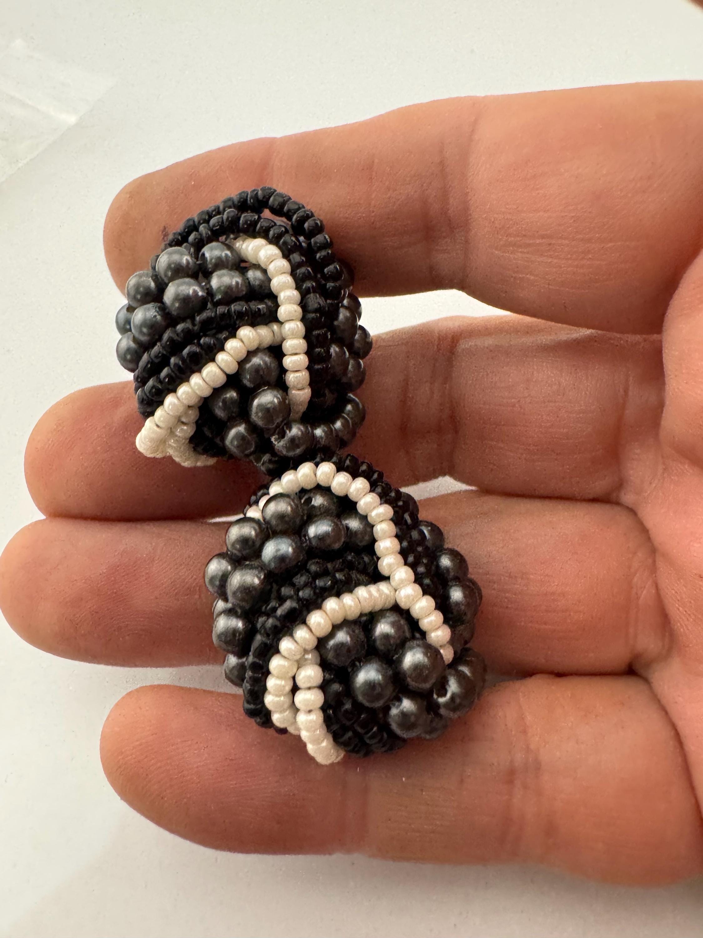 Black grey glass pearl seed bead turban clip on earrings vintage