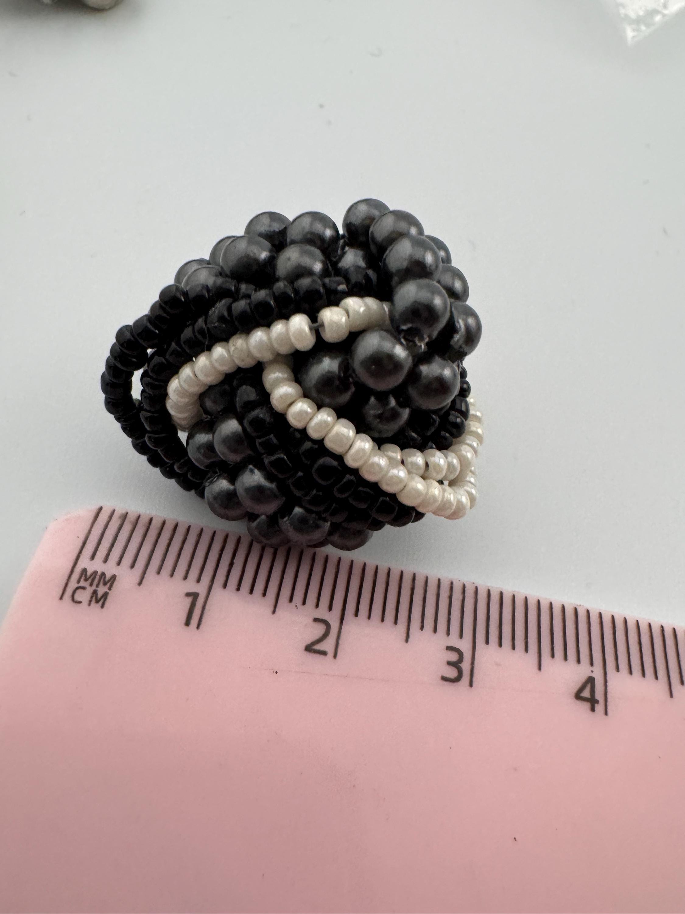 Black grey glass pearl seed bead turban clip on earrings vintage