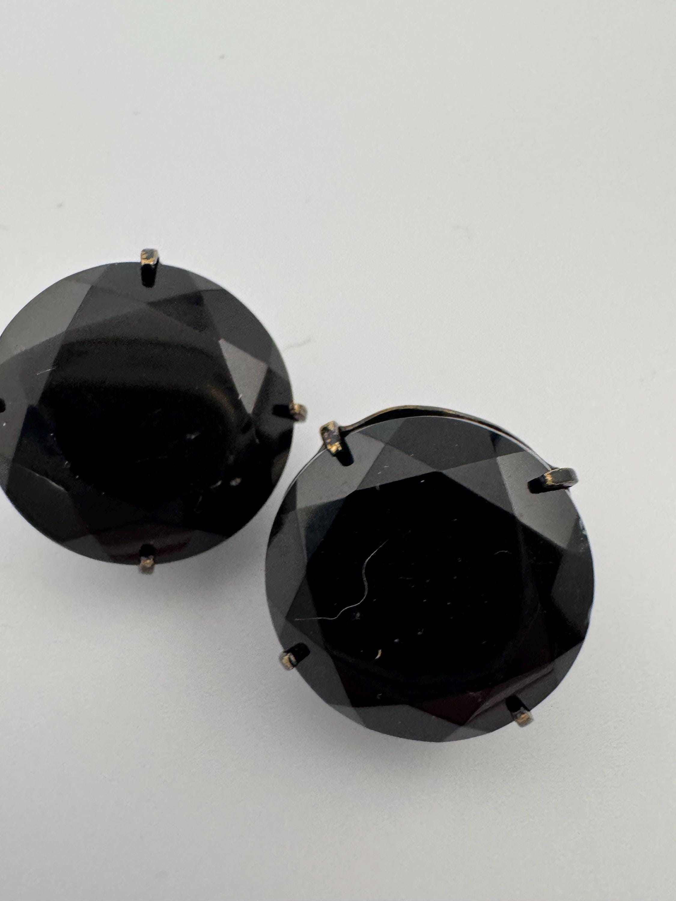 Vintage 2cm black glass round prong set rhinestone Clip On Earrings
