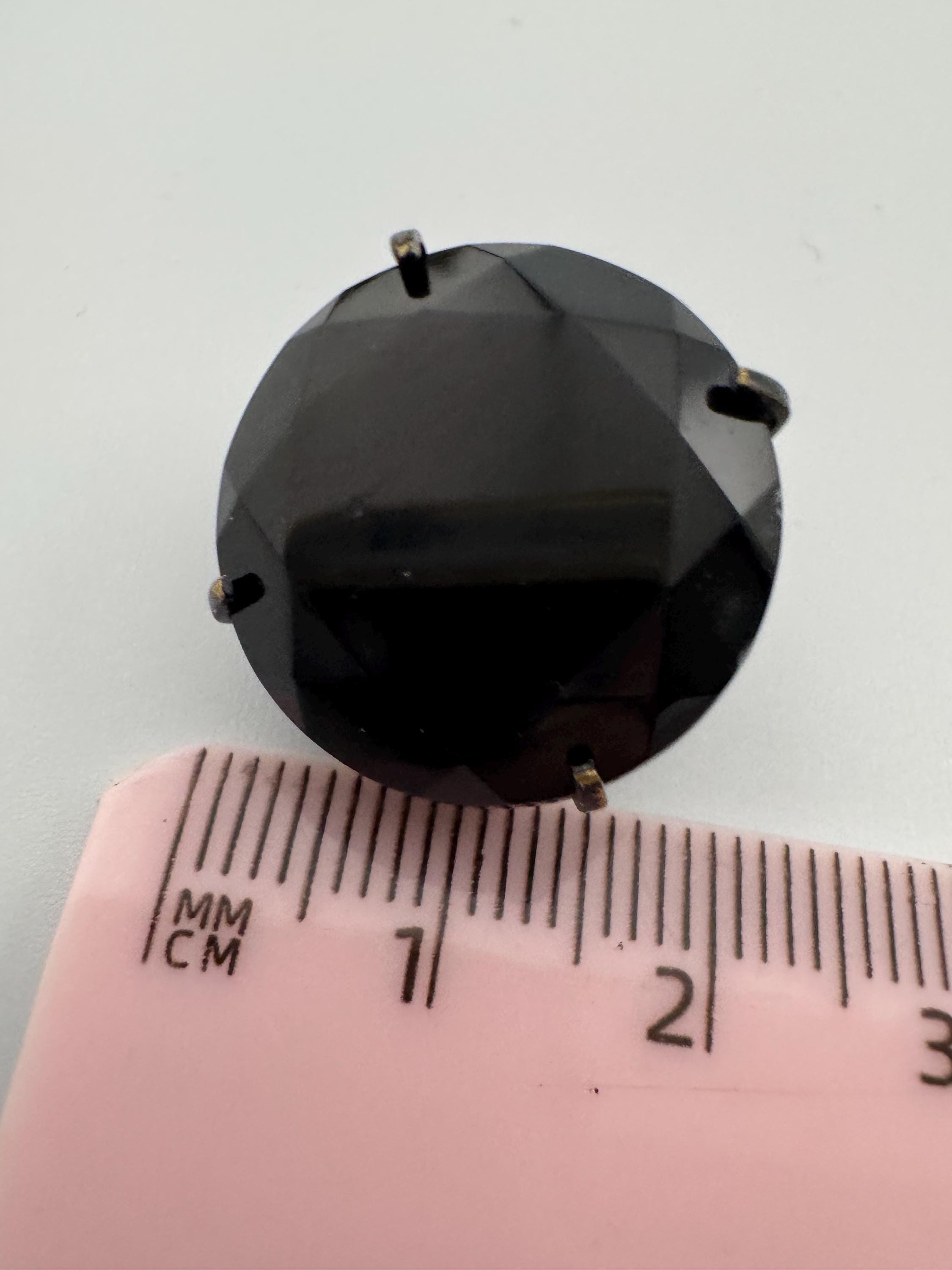 Vintage 2cm black glass round prong set rhinestone Clip On Earrings
