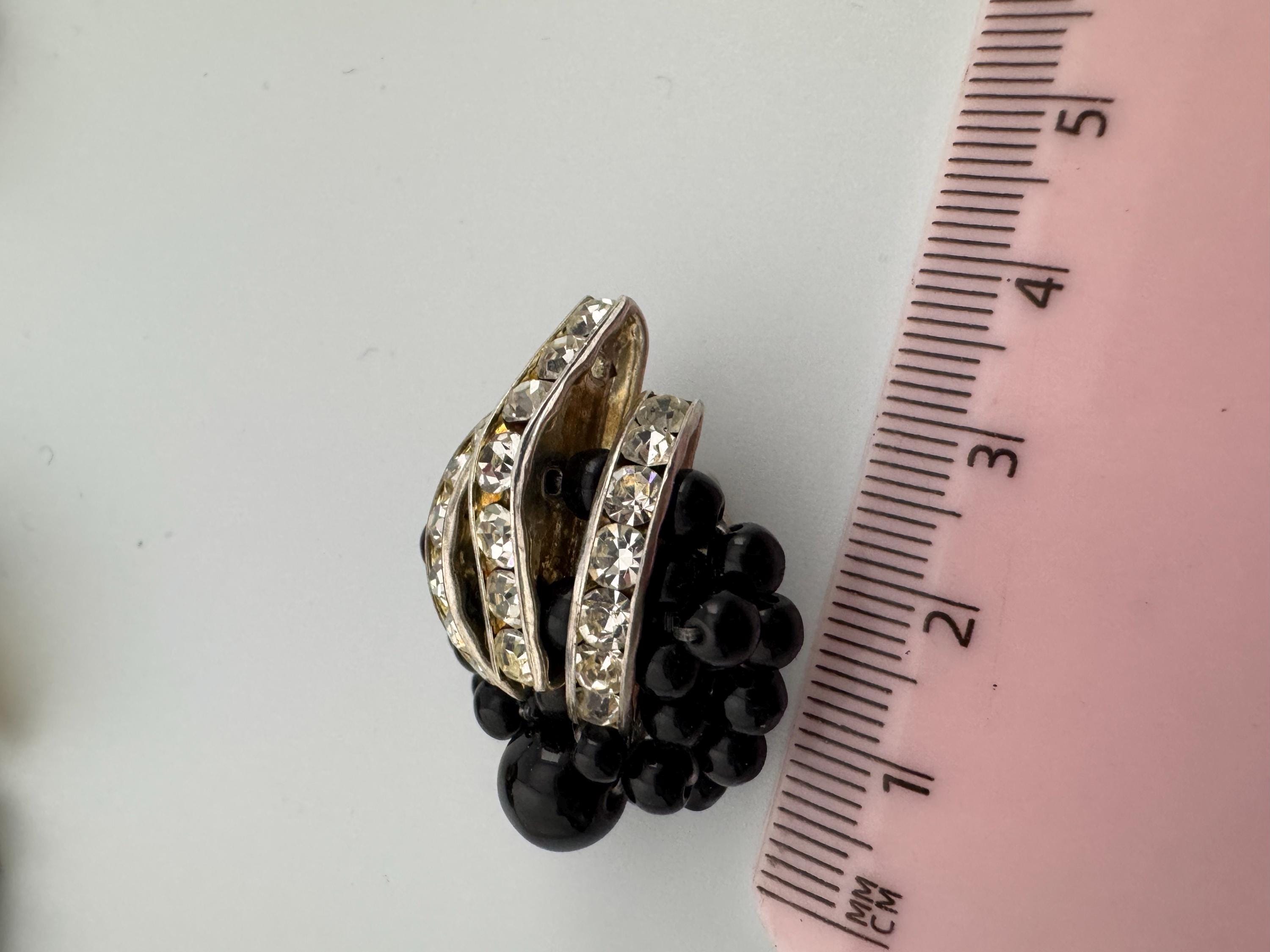 High end vintage Gold tone black beaded clear diamanté paste domed clip on earrings studs