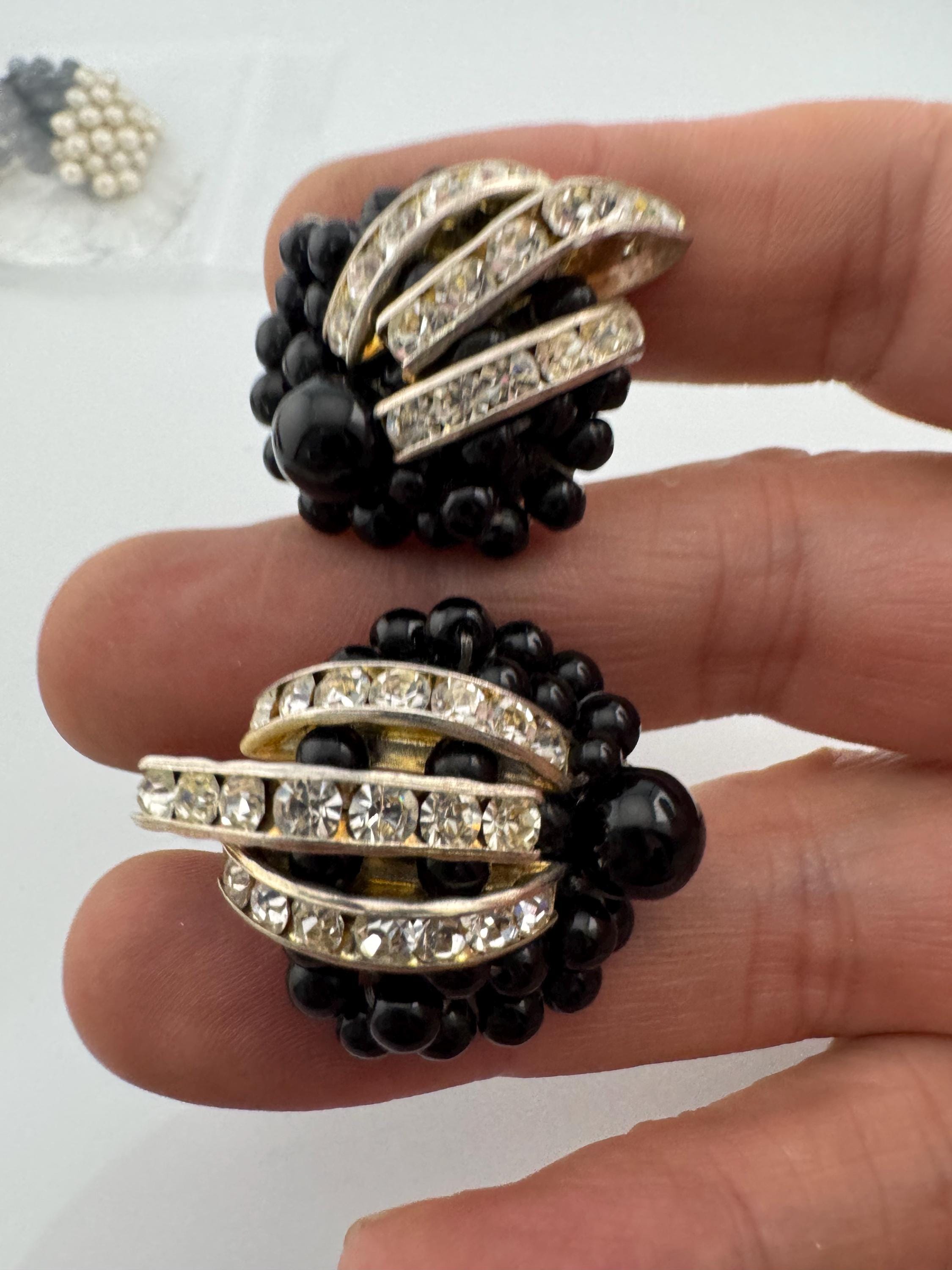 High end vintage Gold tone black beaded clear diamanté paste domed clip on earrings studs
