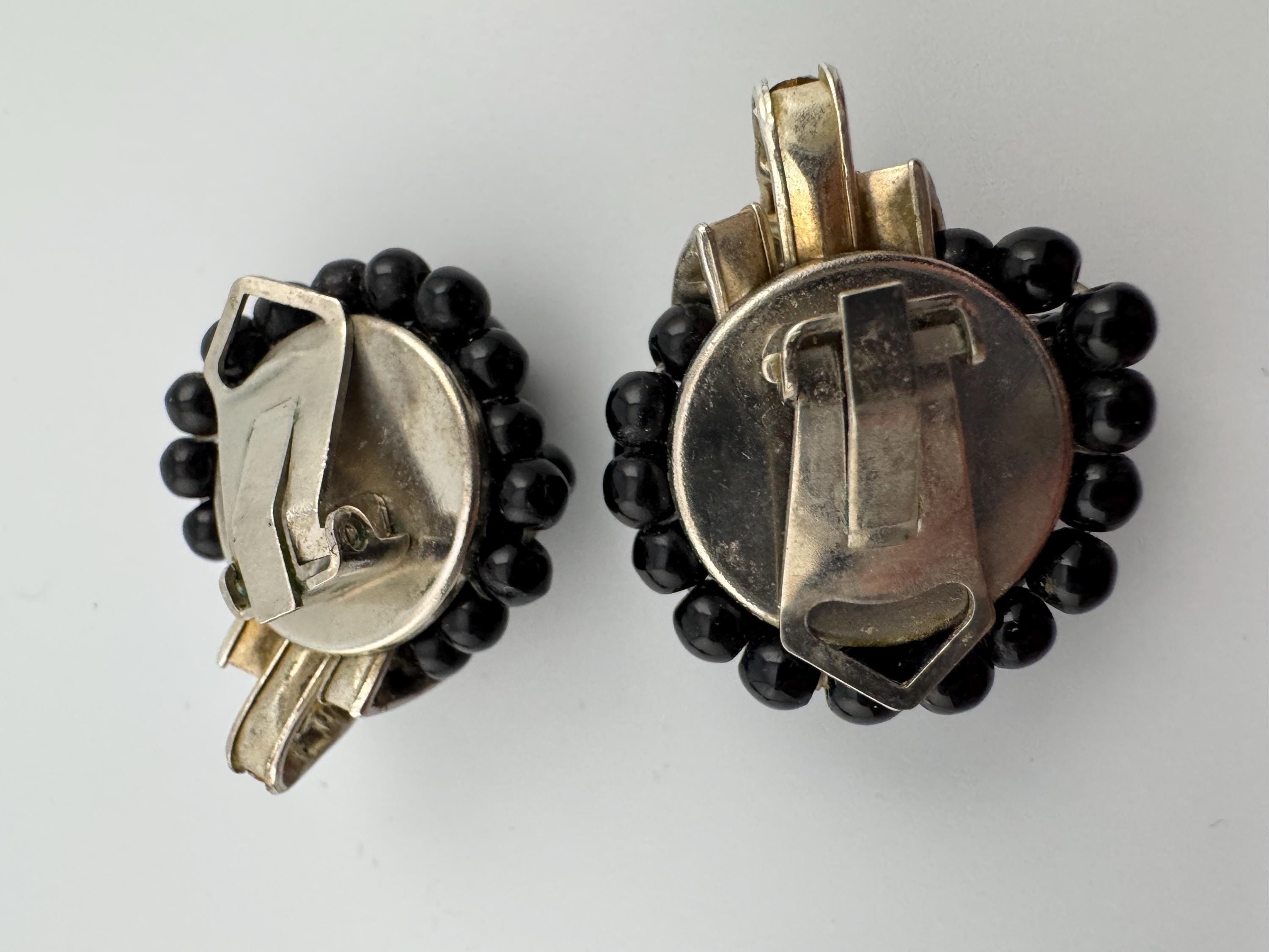 High end vintage Gold tone black beaded clear diamanté paste domed clip on earrings studs