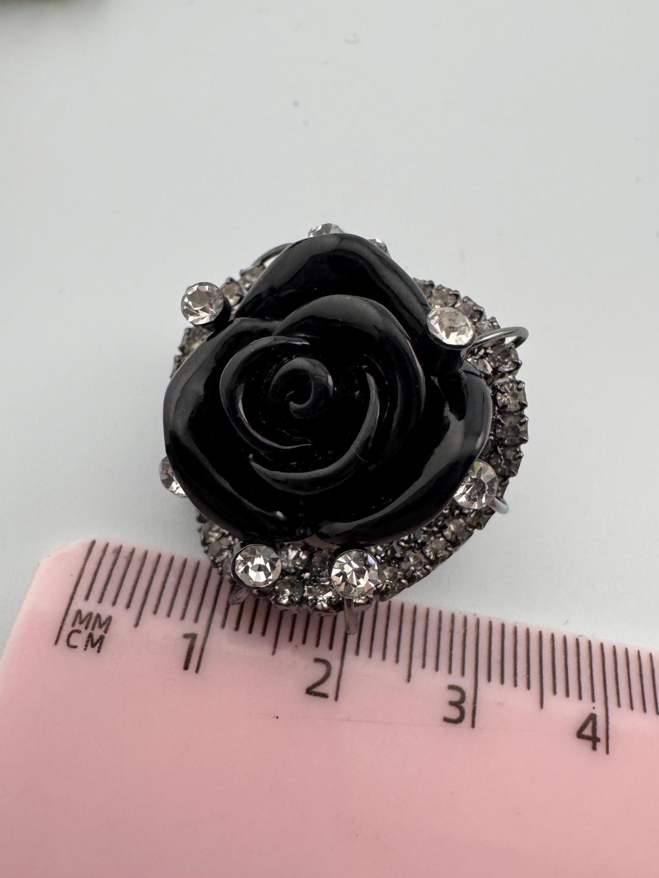 Retro dark grey metal black acrylic roses clear diamanté paste clip on earrings stud y2k