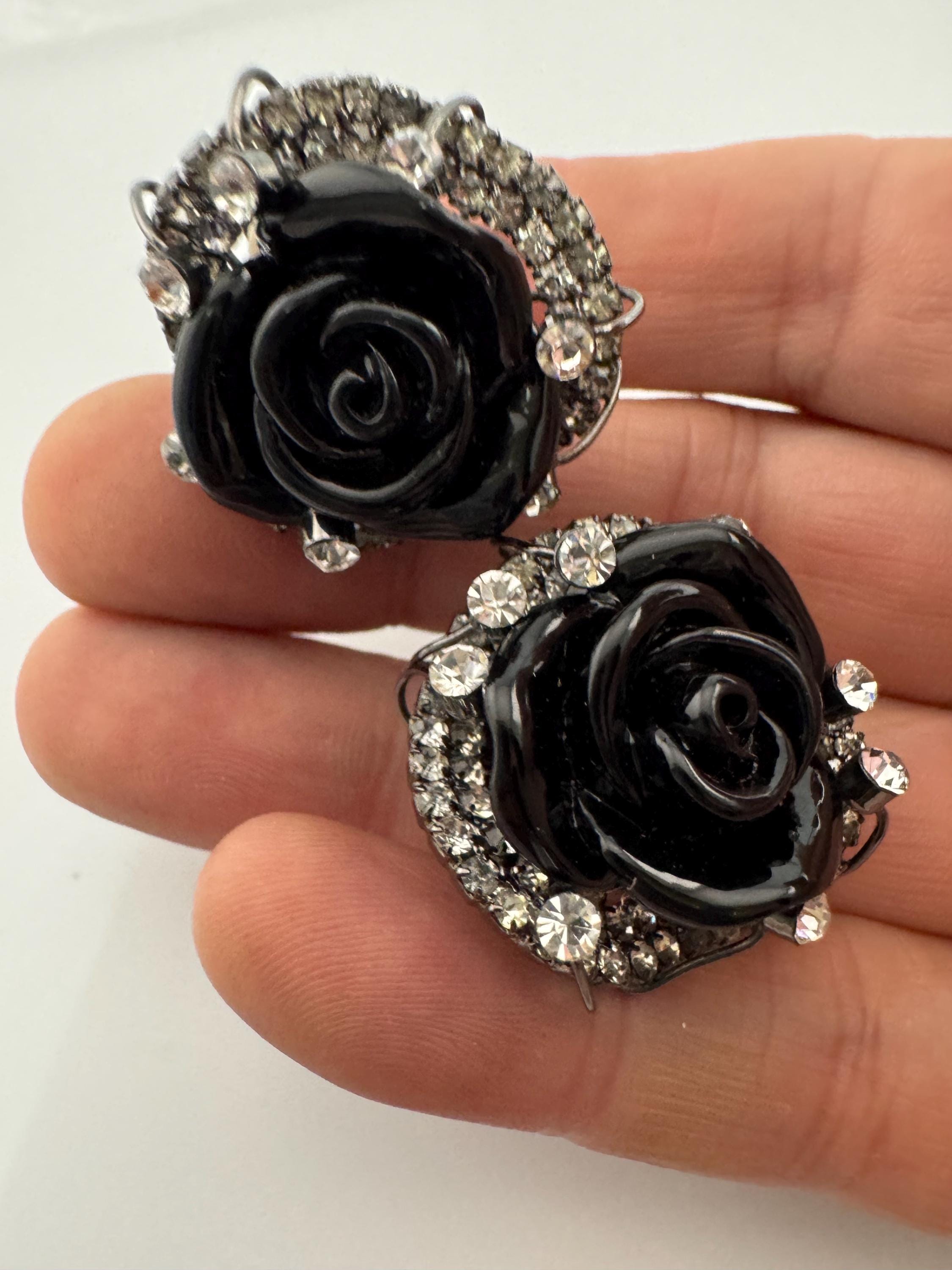 Retro dark grey metal black acrylic roses clear diamanté paste clip on earrings stud y2k
