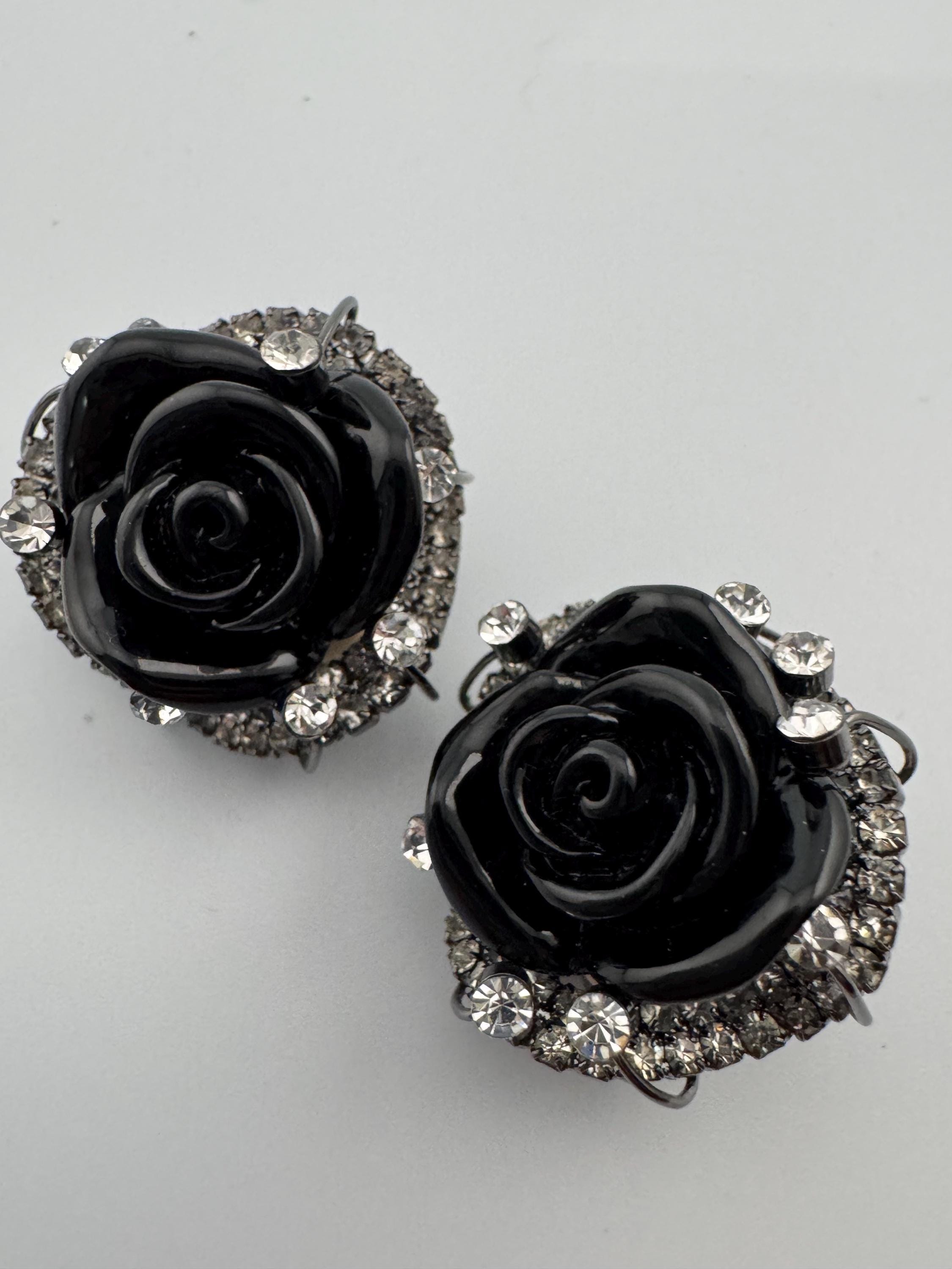 Retro dark grey metal black acrylic roses clear diamanté paste clip on earrings stud y2k