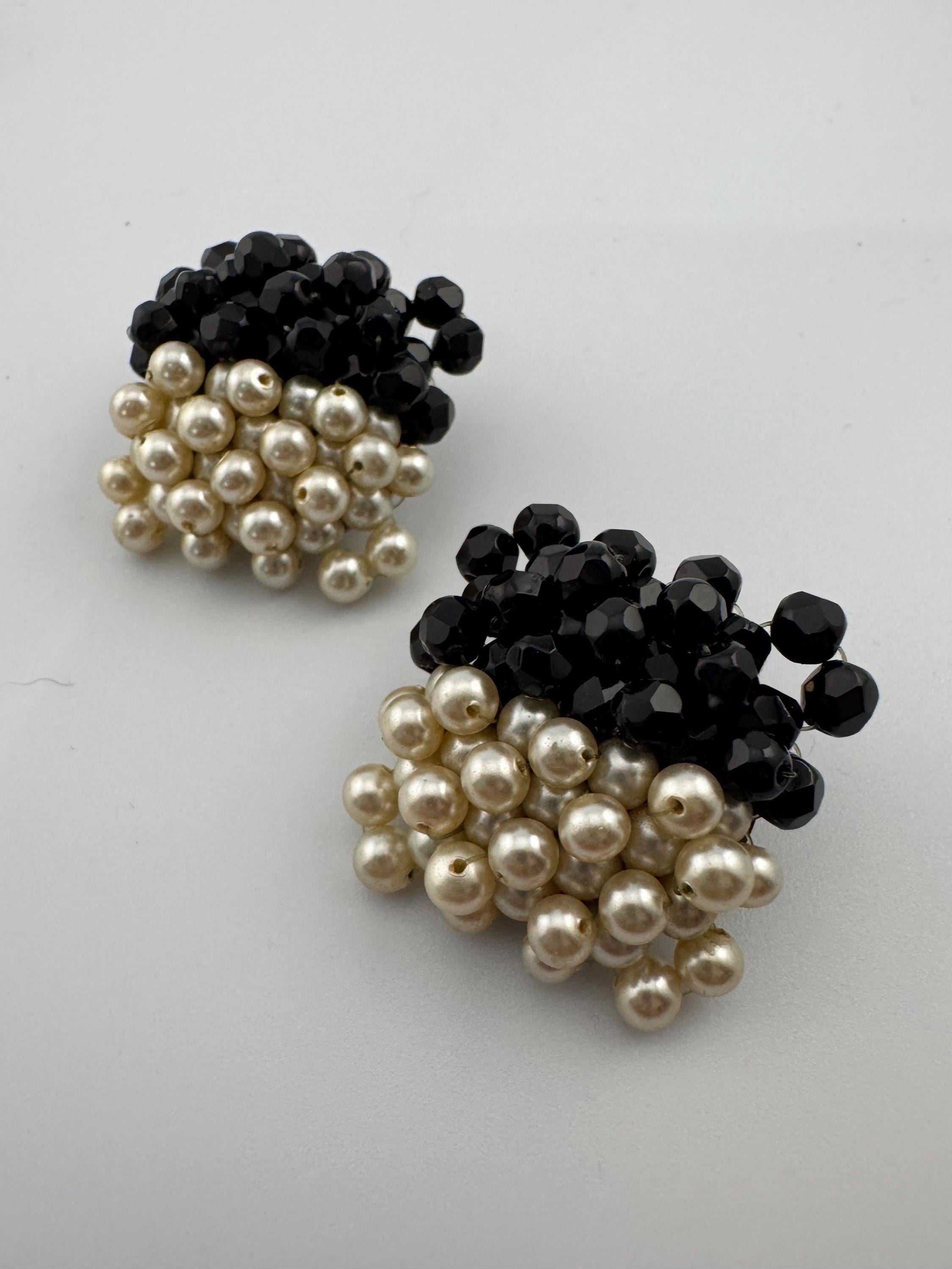 Vintage stylish Black glass and cream acrylic pearl beaded square clip on earrings