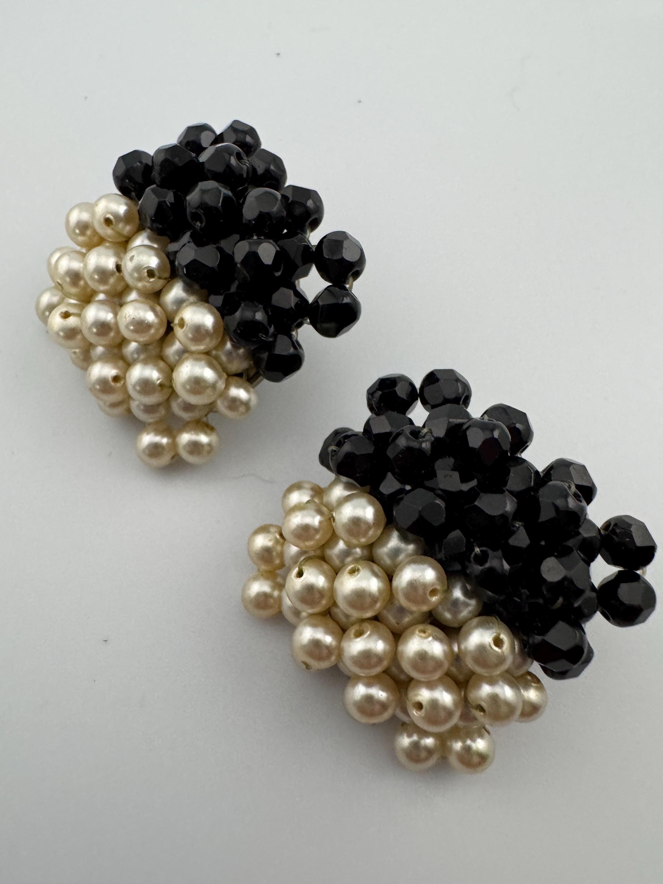 Vintage stylish Black glass and cream acrylic pearl beaded square clip on earrings