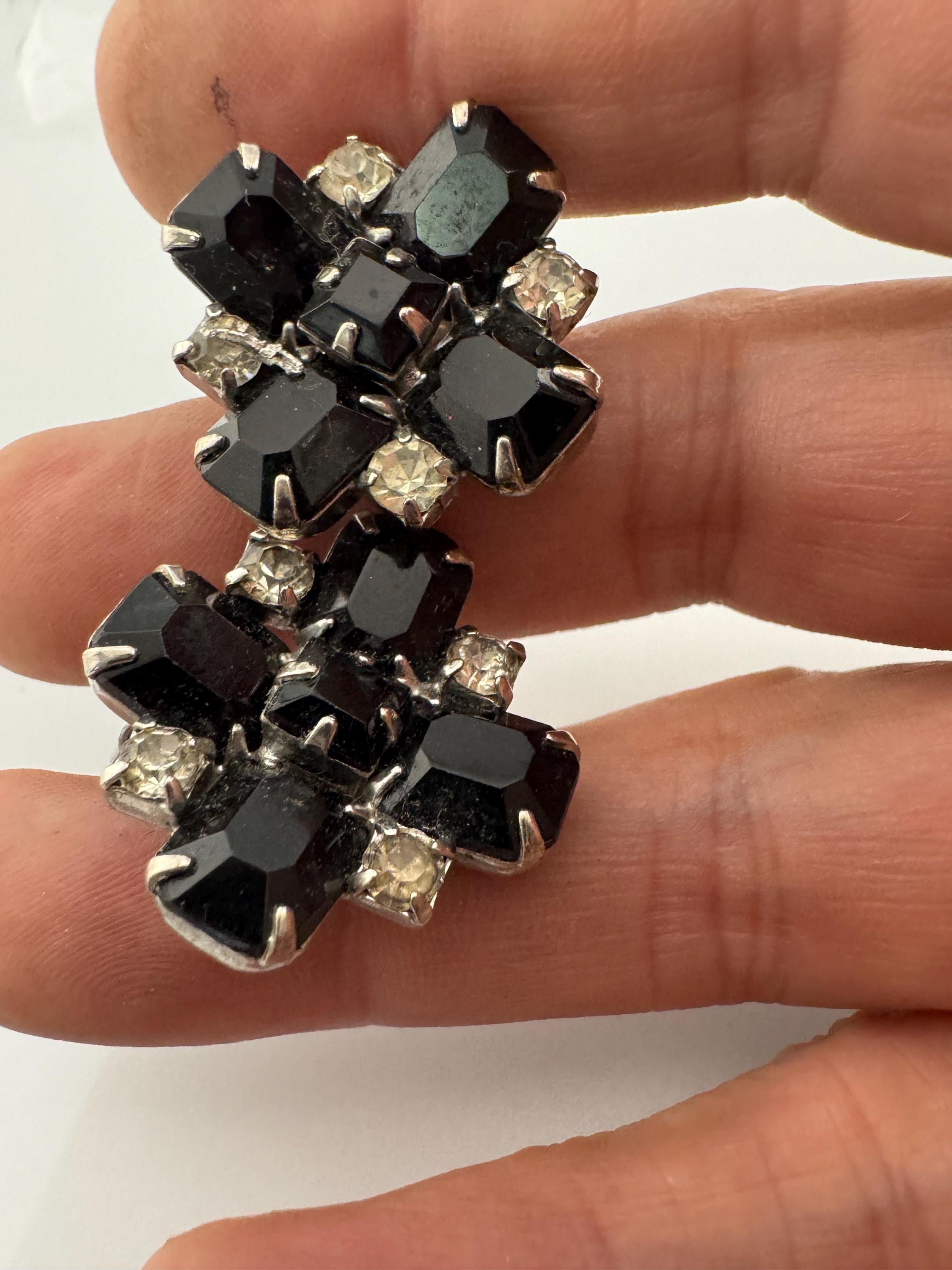 Vintage Black and clear monochrome diamanté square rhinestone Clip On Earrings studs silver tone