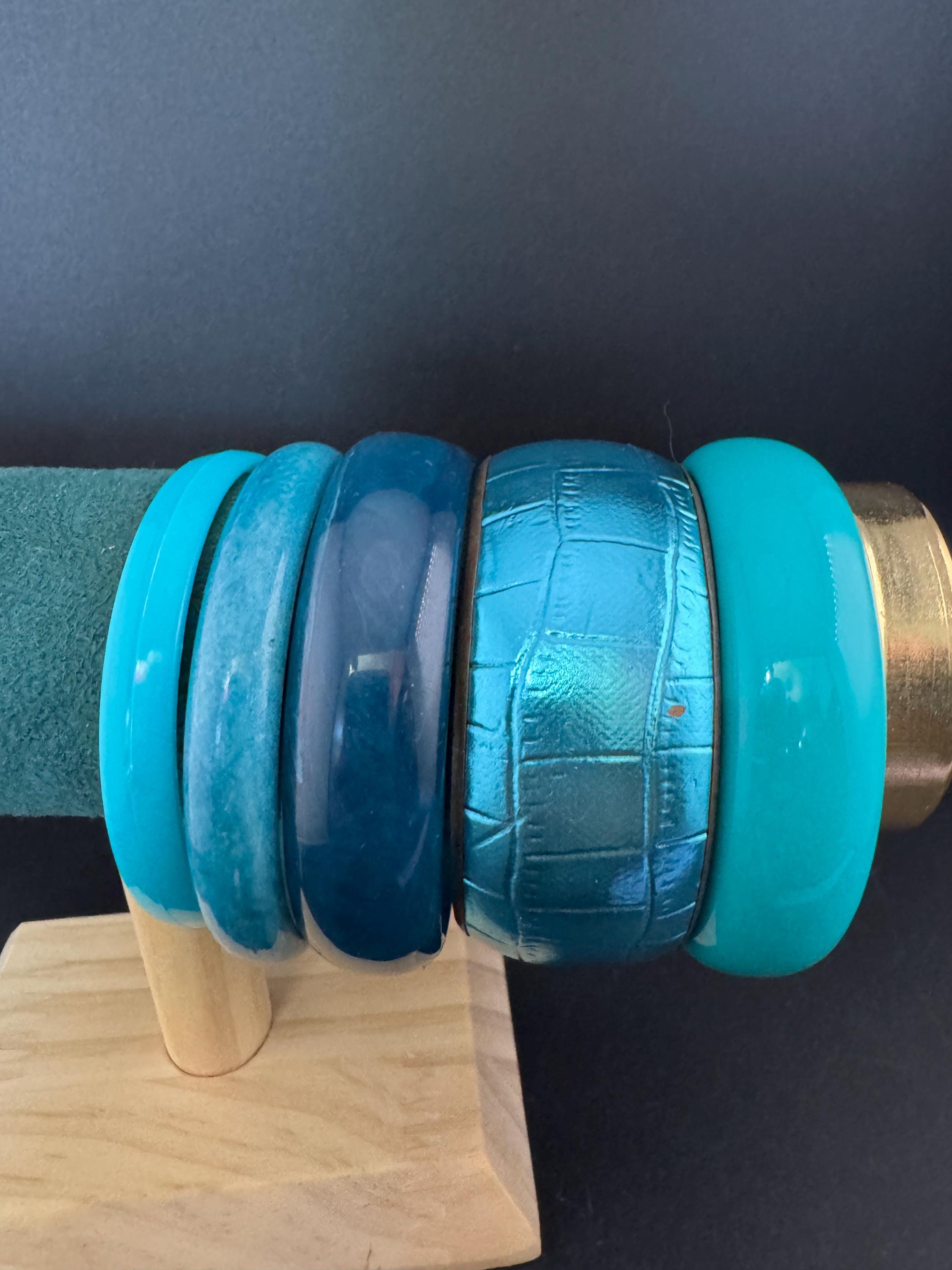 A curated set of BLUE vintage retro stack of plastic metal bangles bracelets