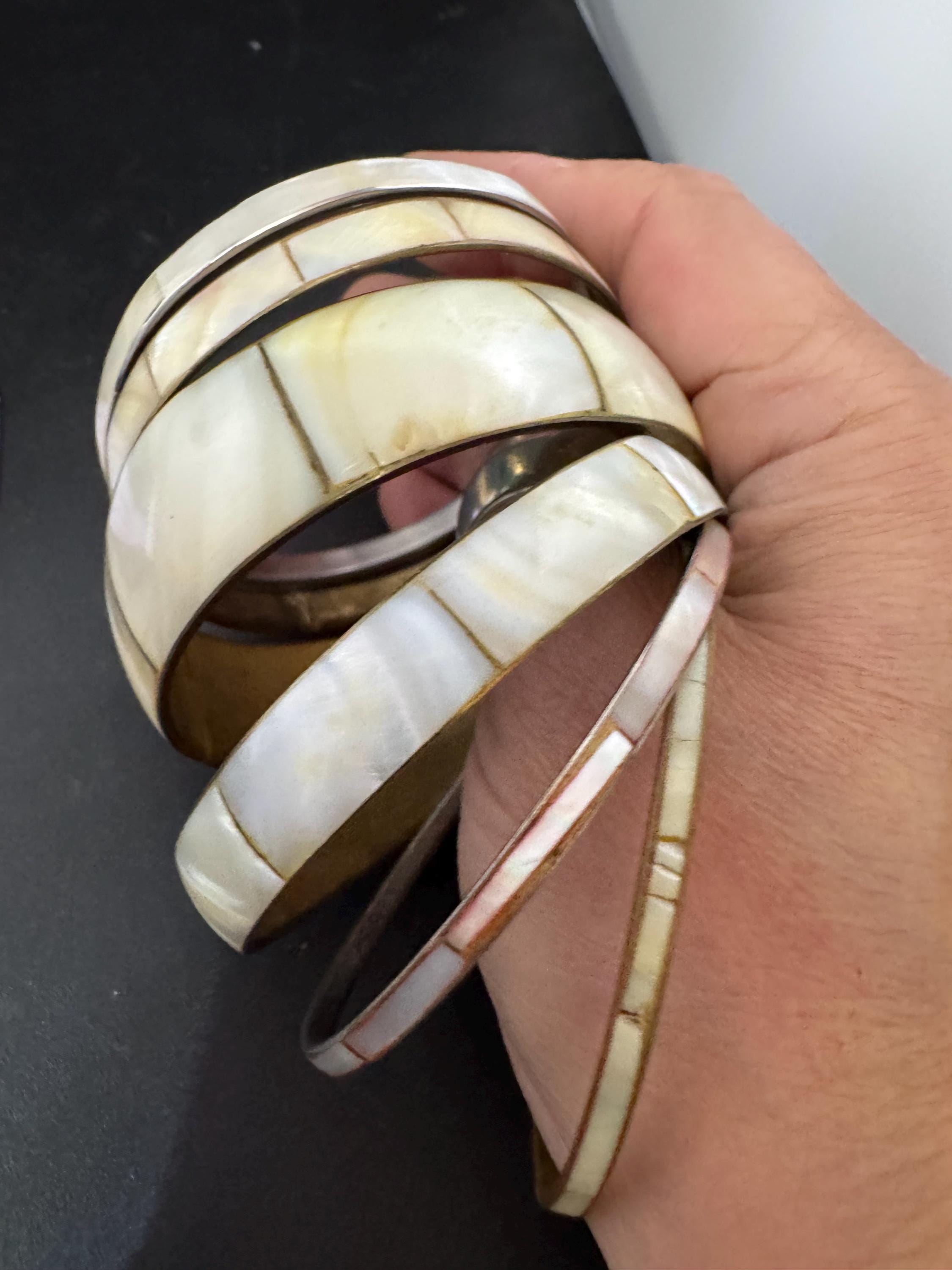 Vintage Bangle Stack: Shell, Brass, Enamel, Gold - Set of 6