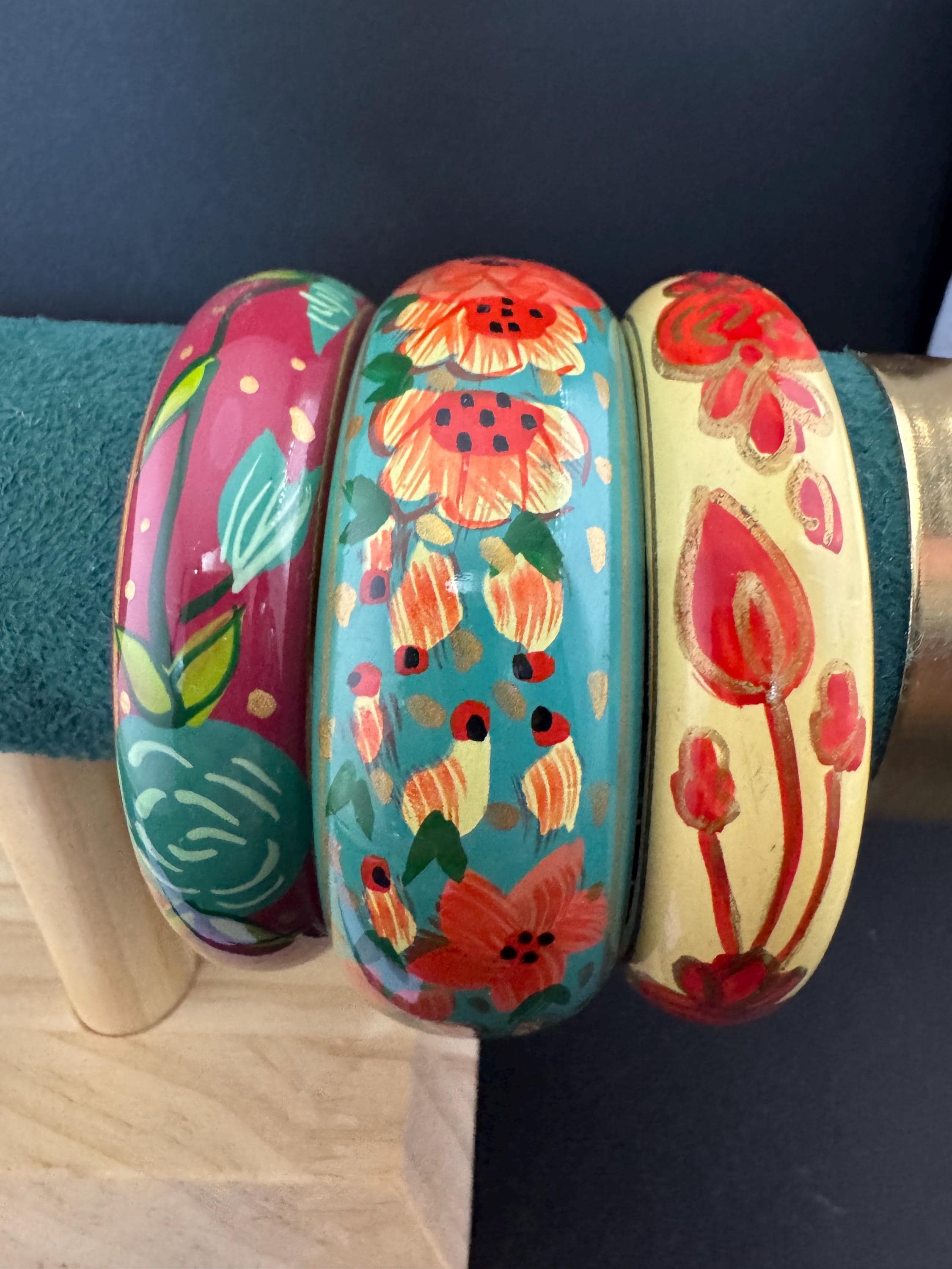 A curated set of 3 Green red cream toned wood or paper mache wide cuff bangle bracelets stacking layering Vintage retro