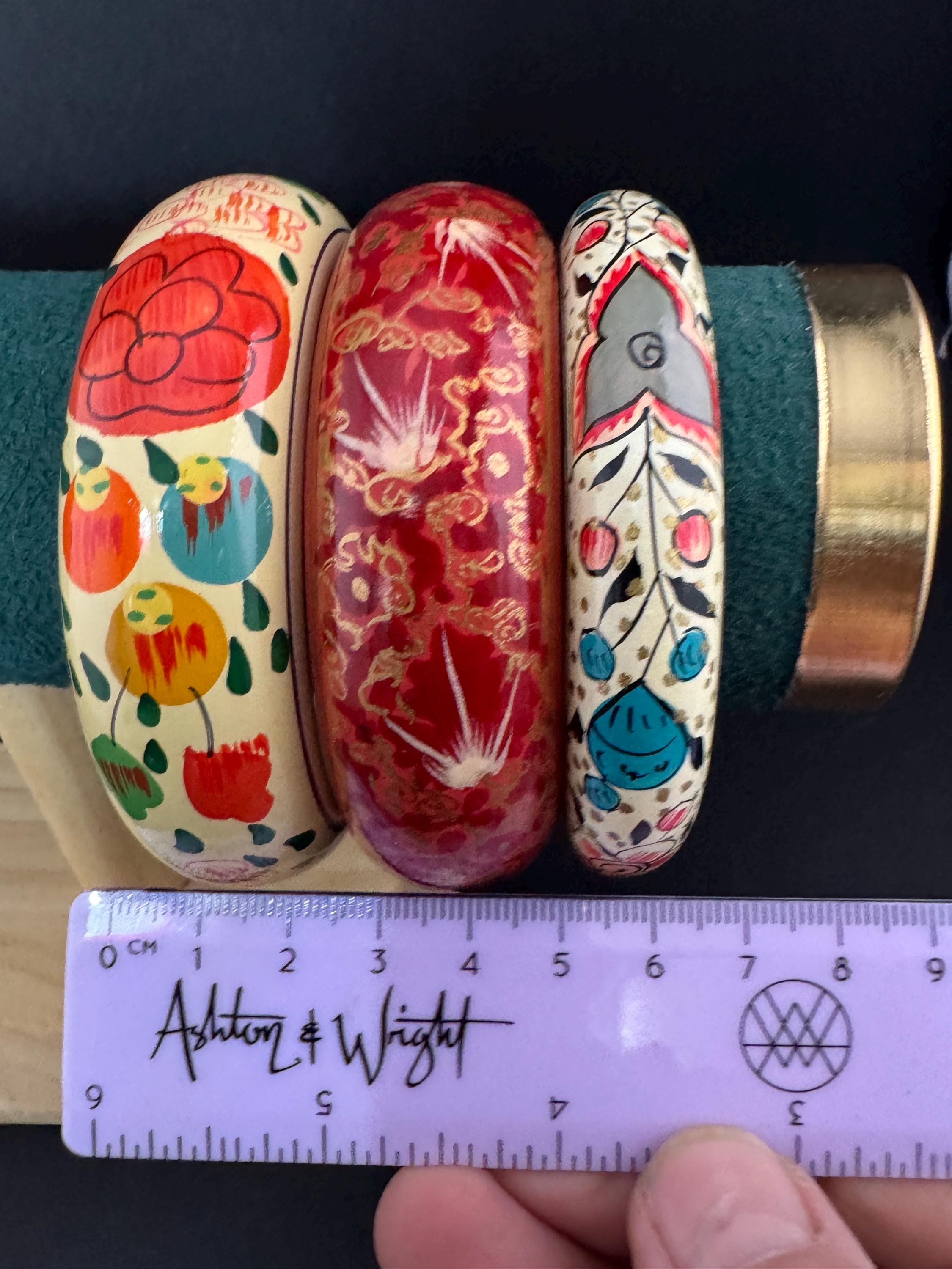 Vintage Red & Gold Bangle Bracelet Set: Wide Cuff Stacking Bangles