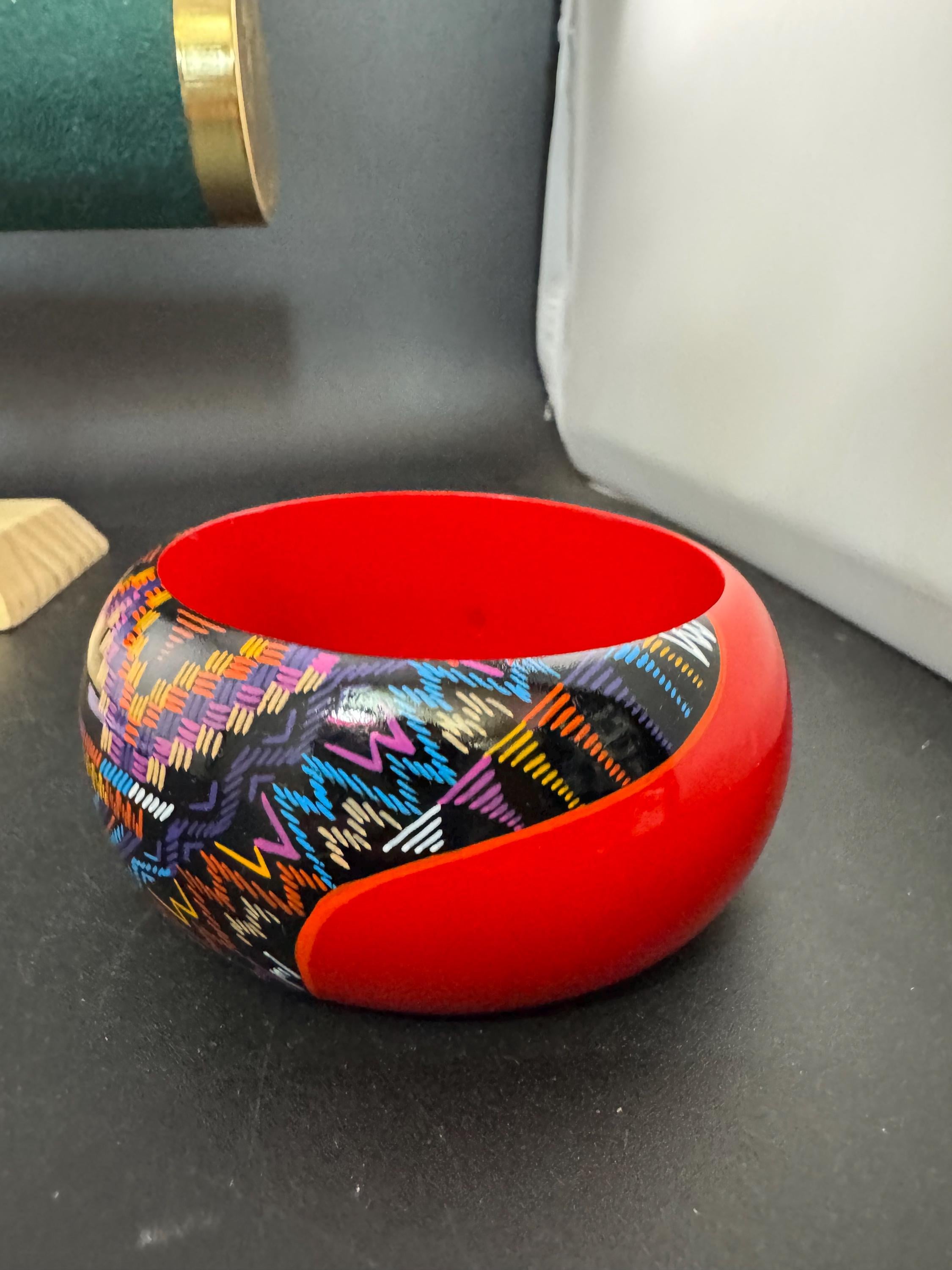 colourful bright red Aztec print wooden wide cuff bangle bracelet stacking layering Vintage