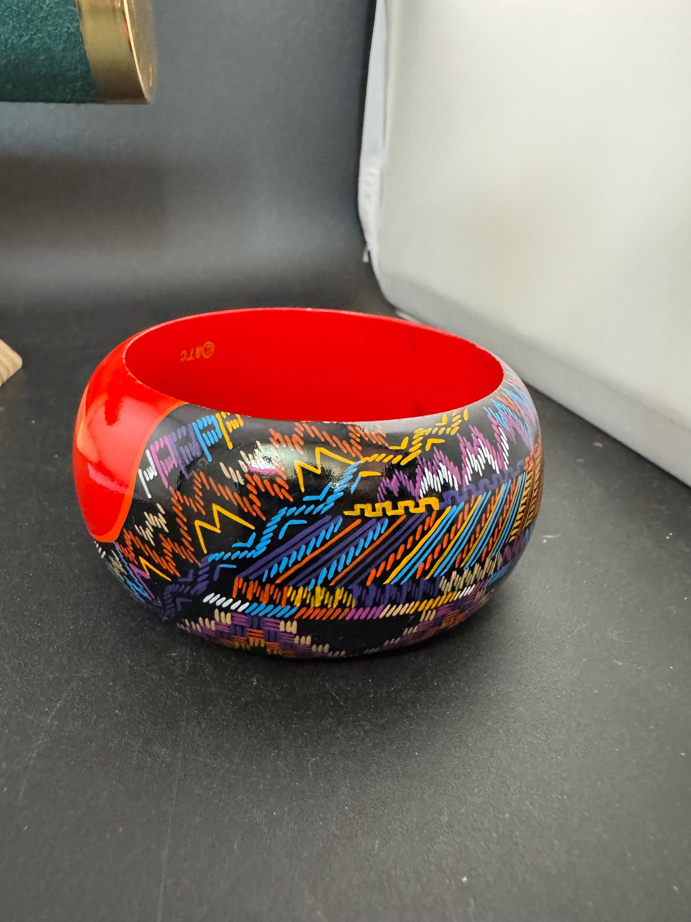 colourful bright red Aztec print wooden wide cuff bangle bracelet stacking layering Vintage