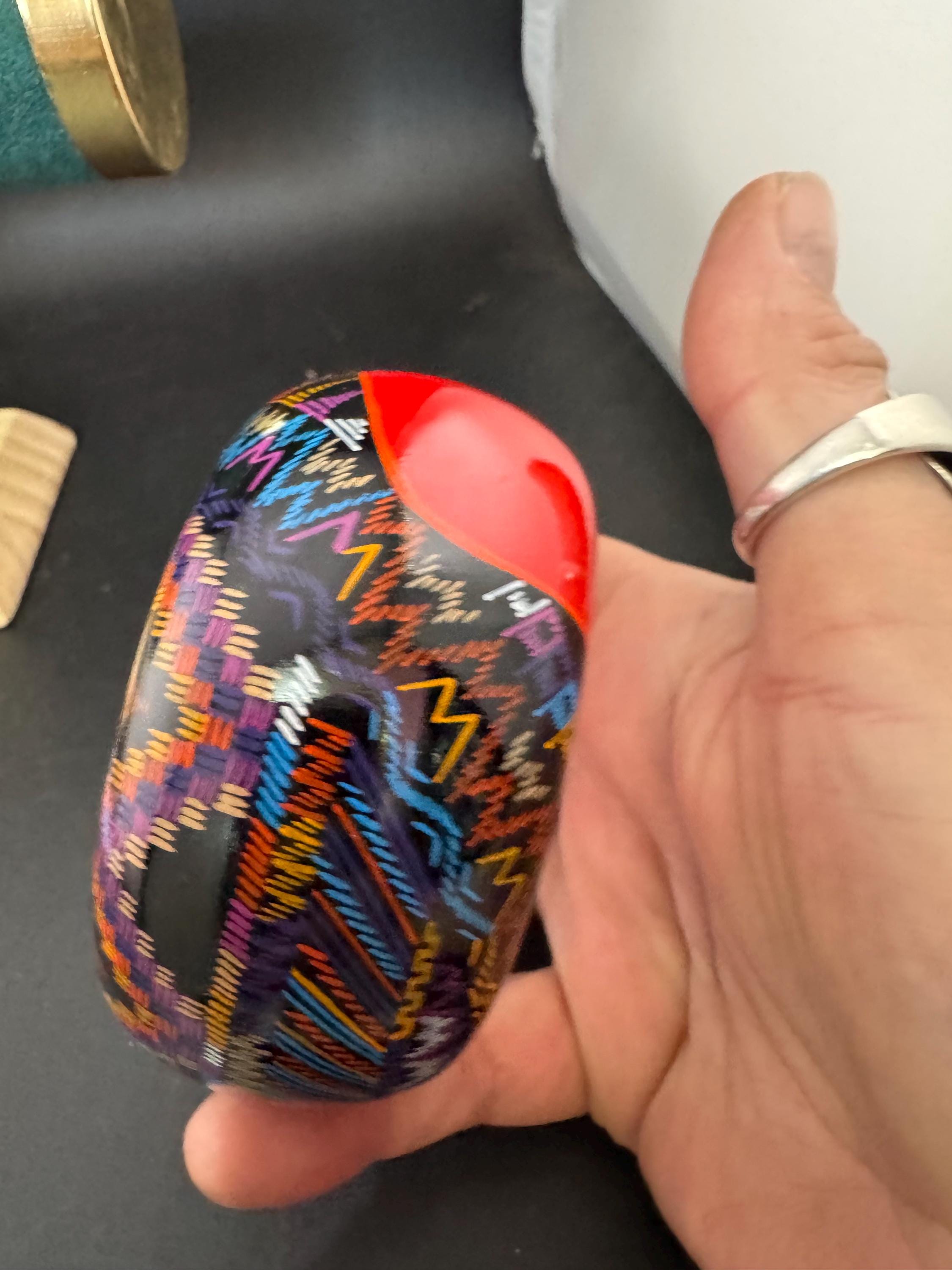 colourful bright red Aztec print wooden wide cuff bangle bracelet stacking layering Vintage