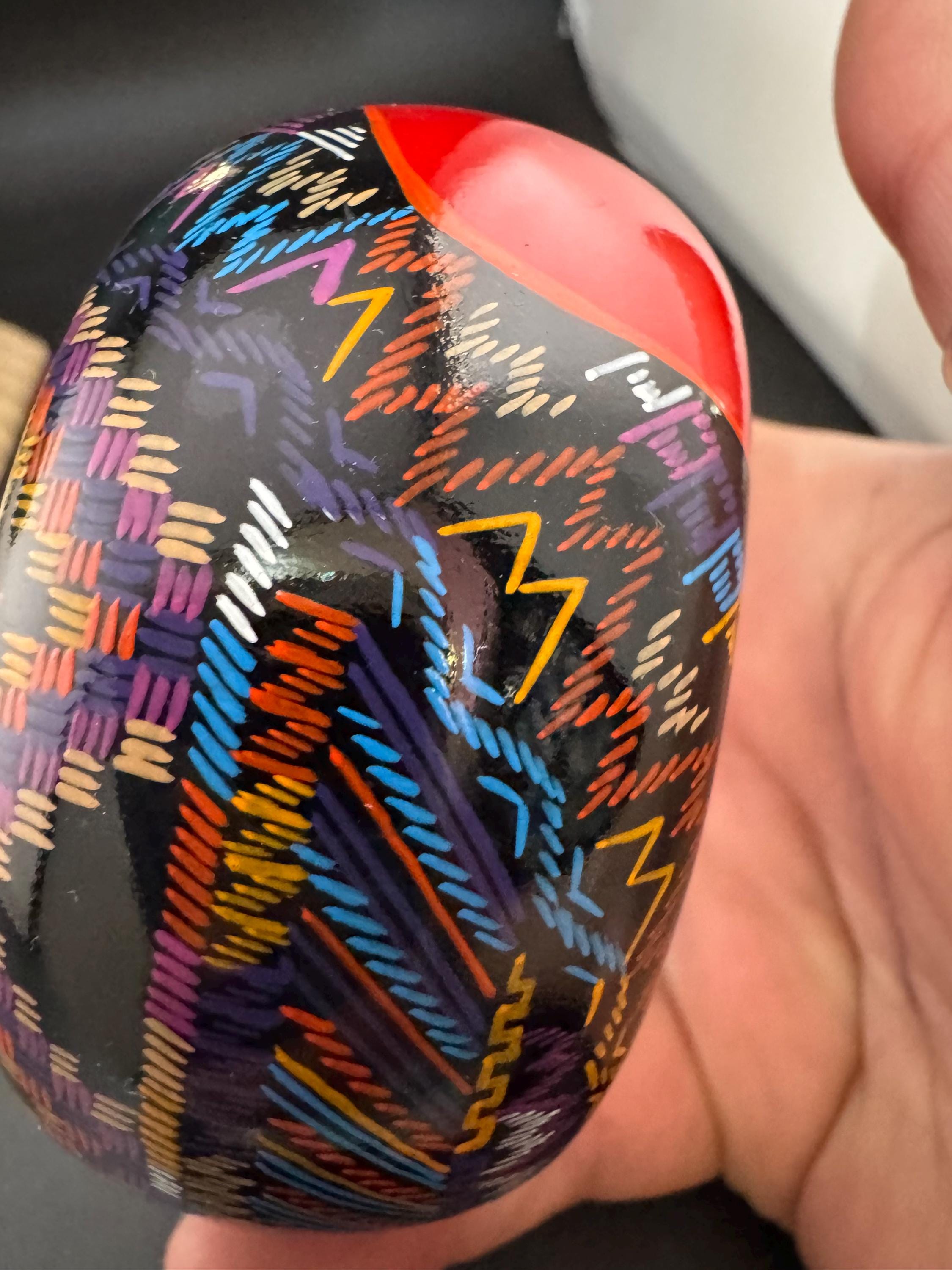 colourful bright red Aztec print wooden wide cuff bangle bracelet stacking layering Vintage