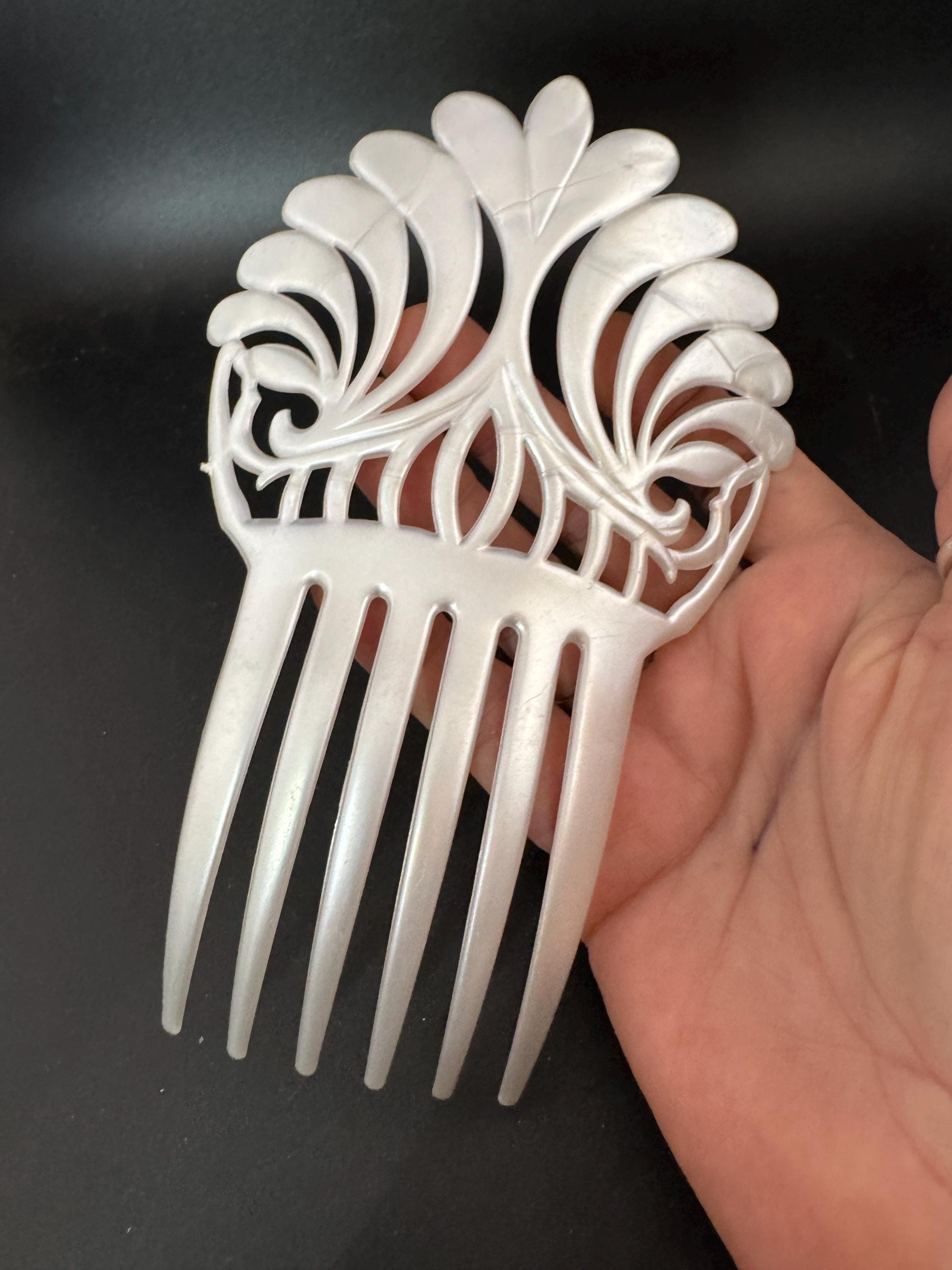 vintage large pearl white openwork plastic traditional Spanish peineta hair comb, mantilla