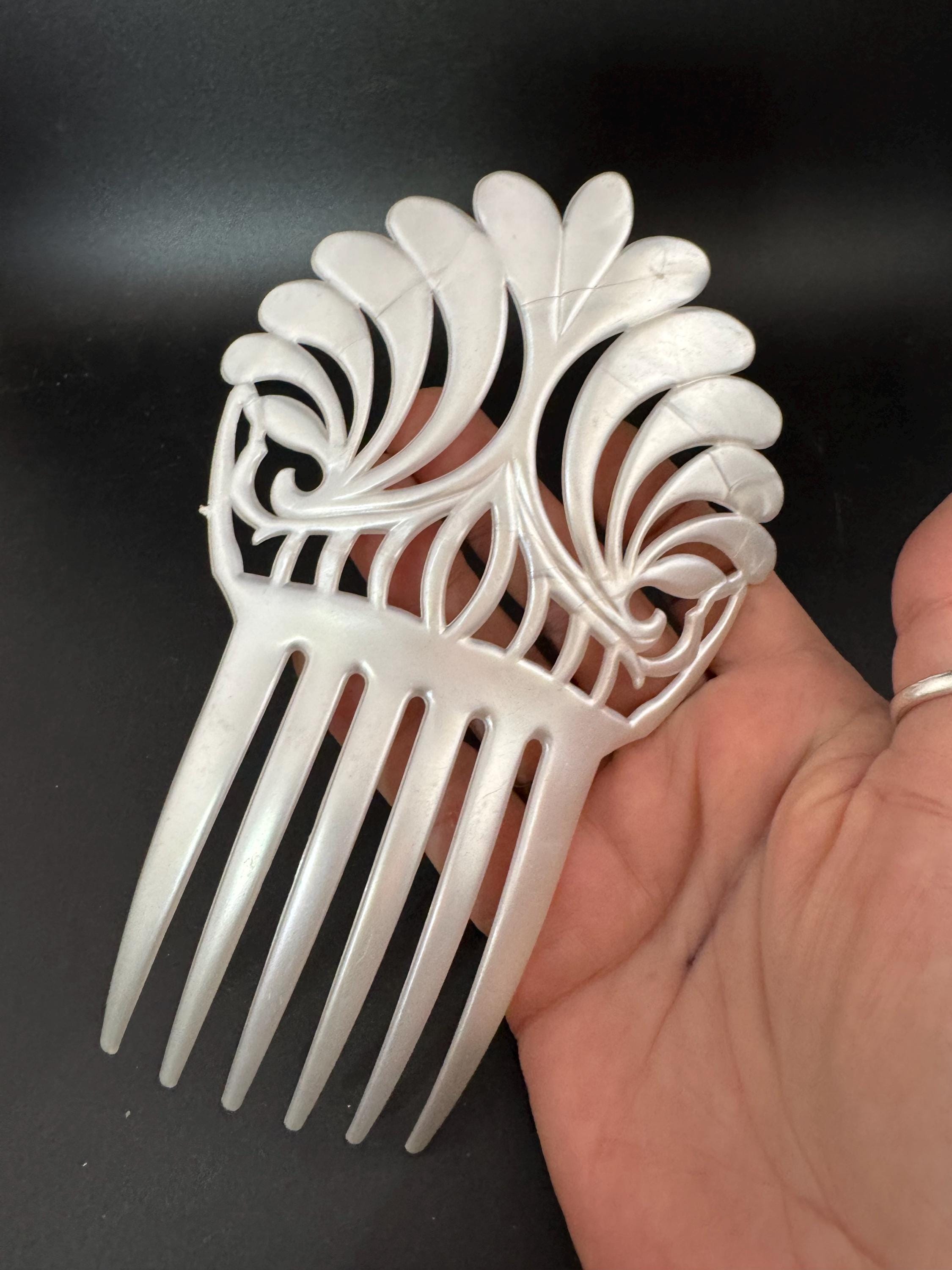 vintage large pearl white openwork plastic traditional Spanish peineta hair comb, mantilla