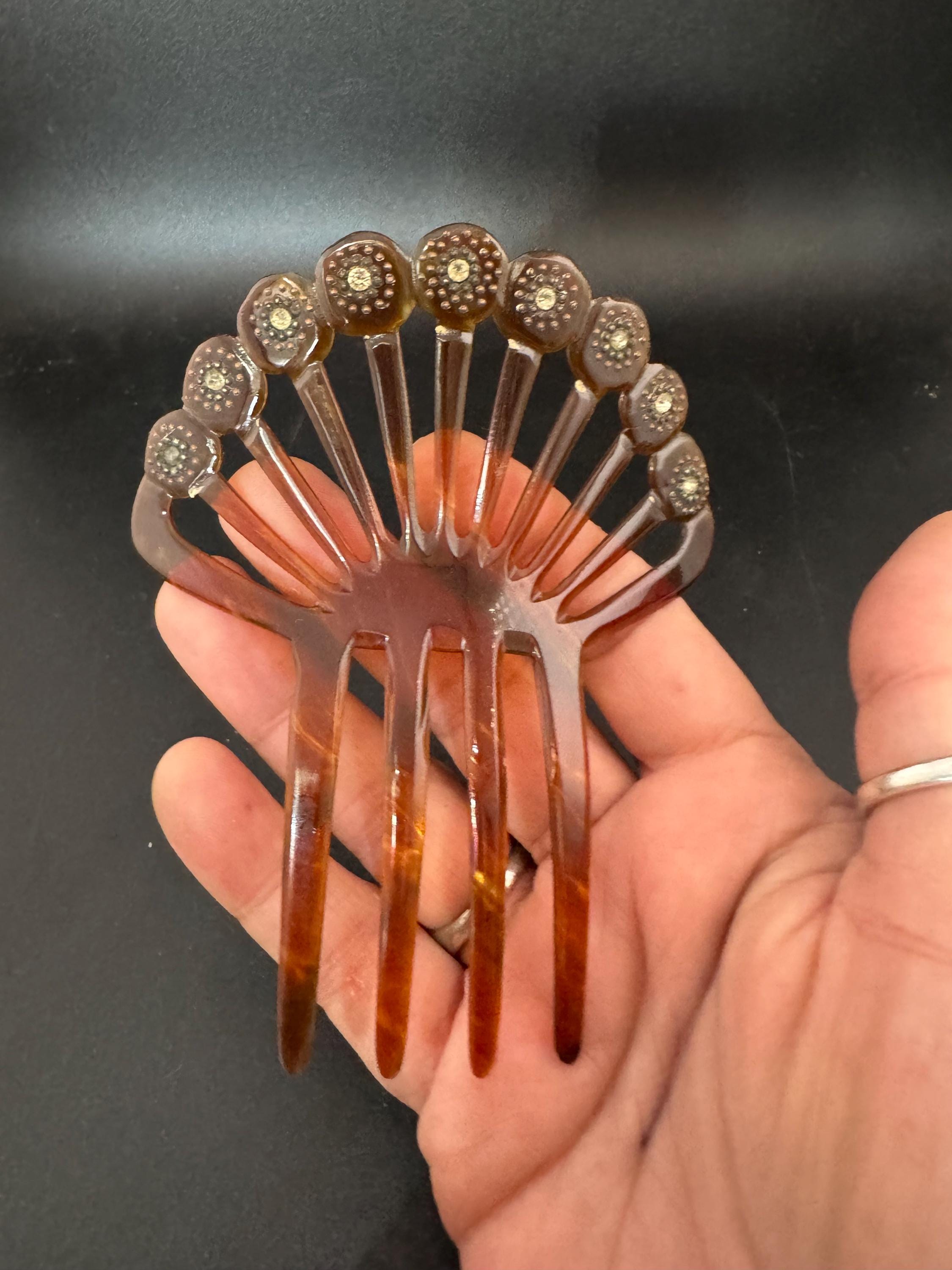 Pique work Antique Vintage Faux Tortoiseshell Brown Celluloid mantilla Hair comb