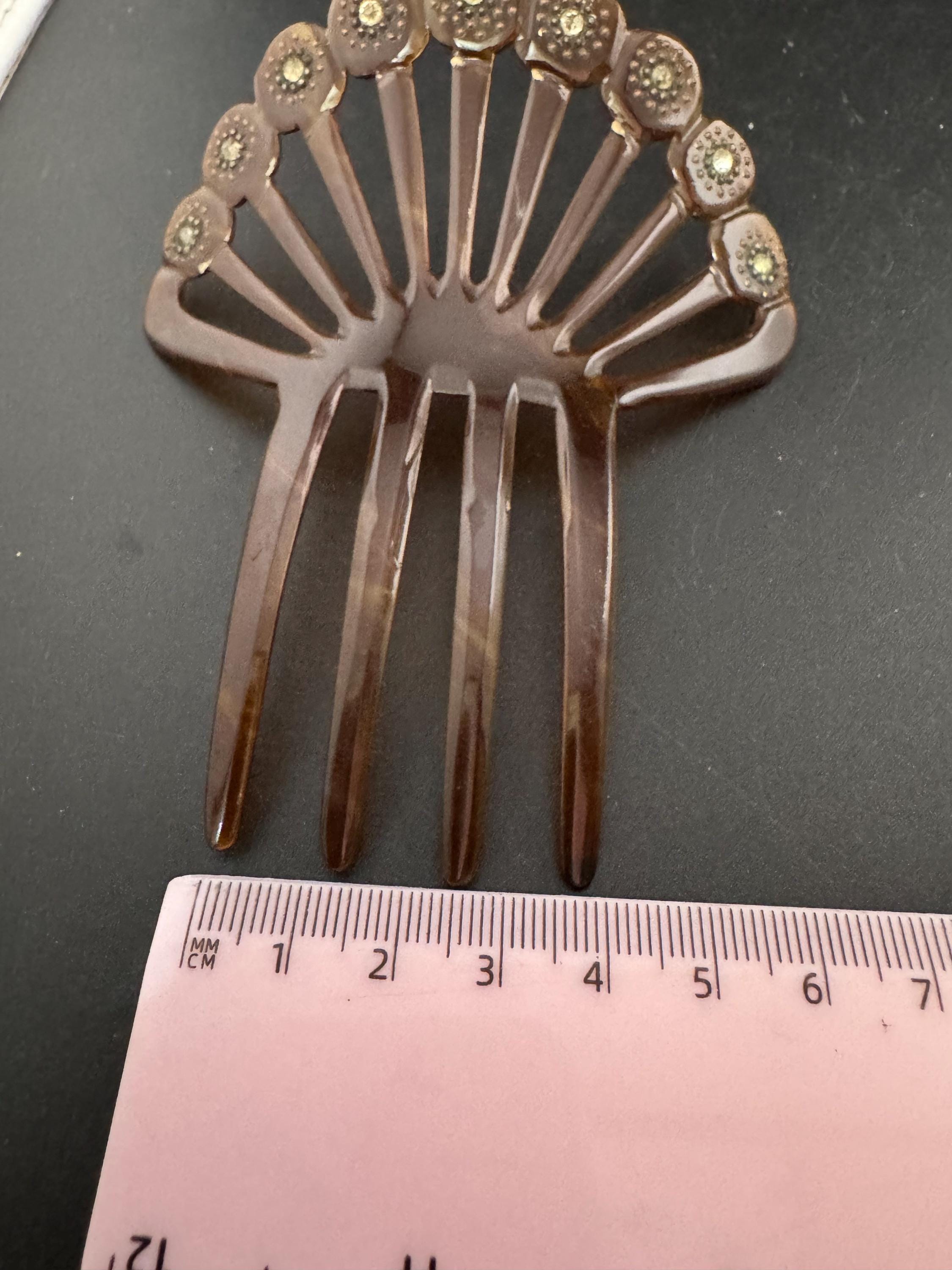 Pique work Antique Vintage Faux Tortoiseshell Brown Celluloid mantilla Hair comb