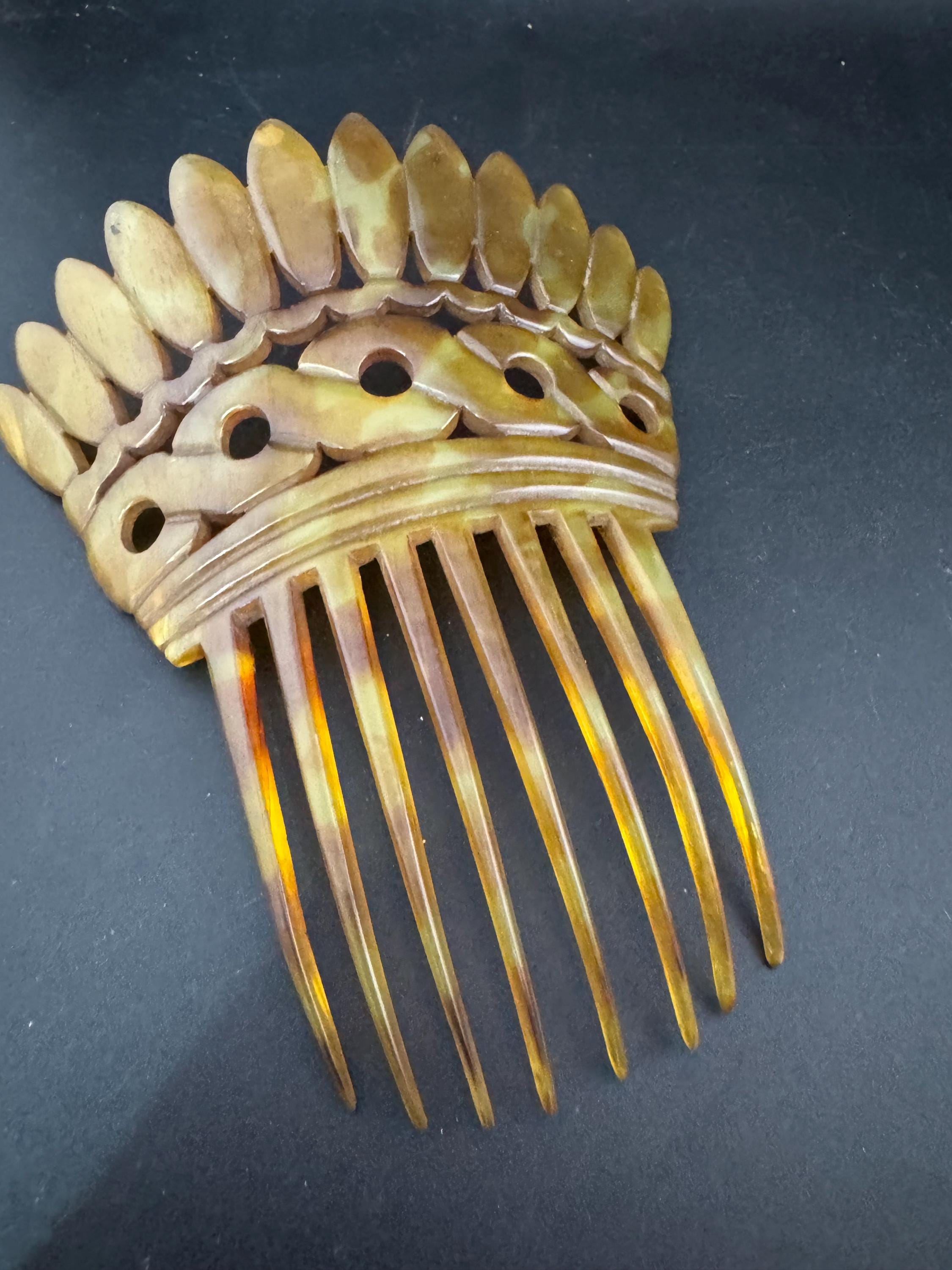 Antique Mantilla Comb Brown Faux Tortoiseshell Celluloid Cut out work Hair Slides Peineta