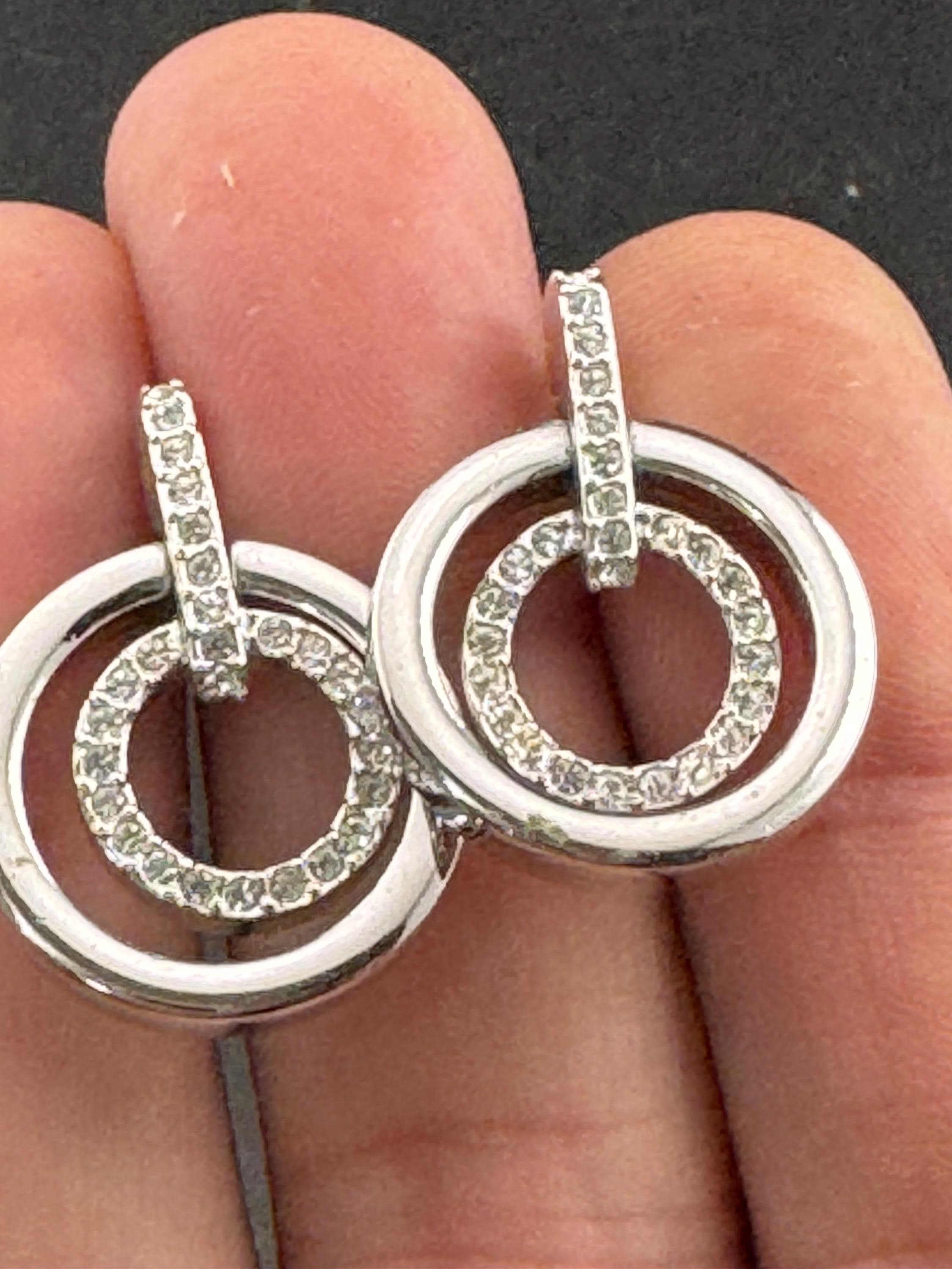 Signed Swarovski silver tone high end geometric clear crystal pierced earrings vintage retro