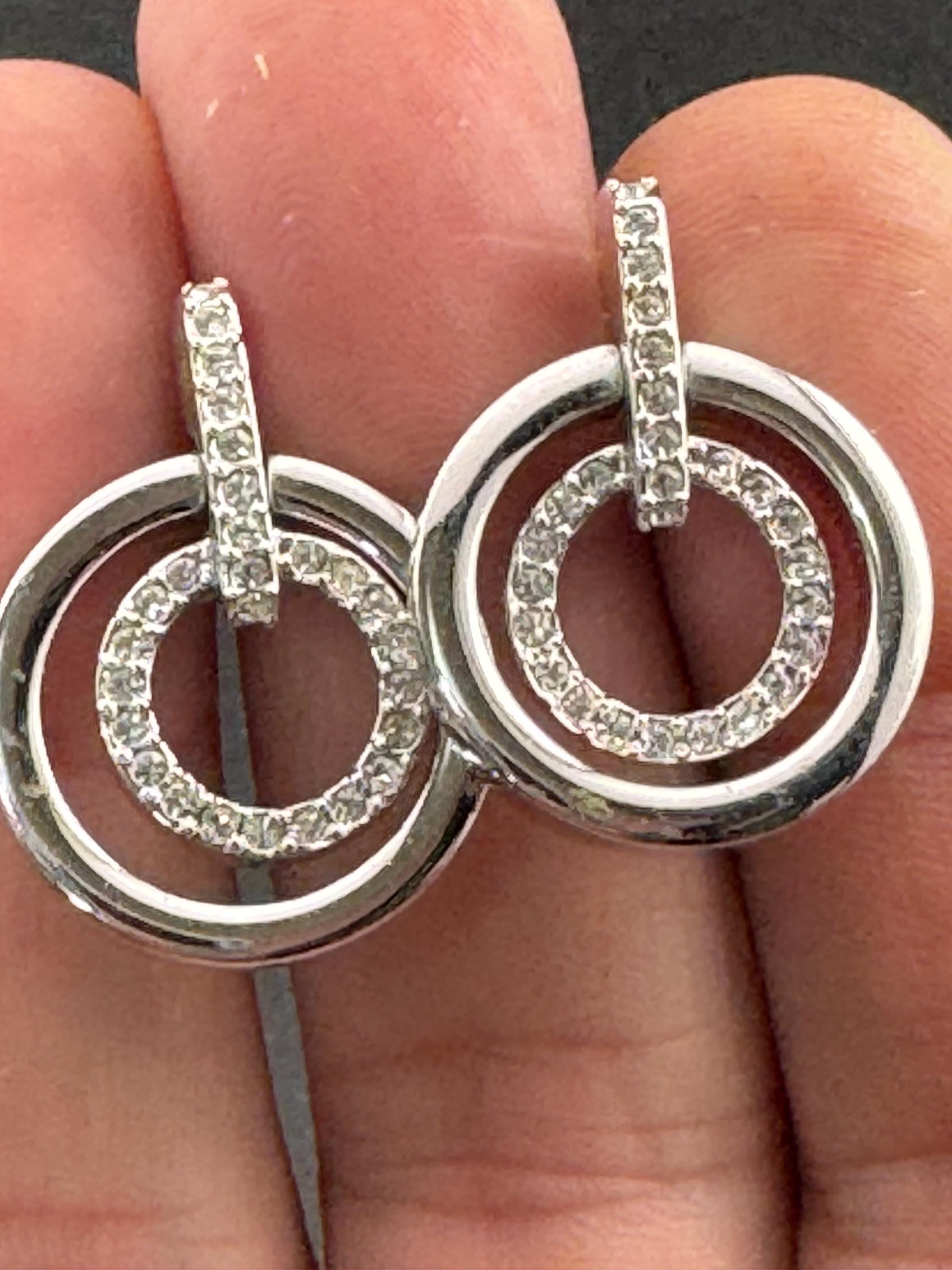 Signed Swarovski silver tone high end geometric clear crystal pierced earrings vintage retro