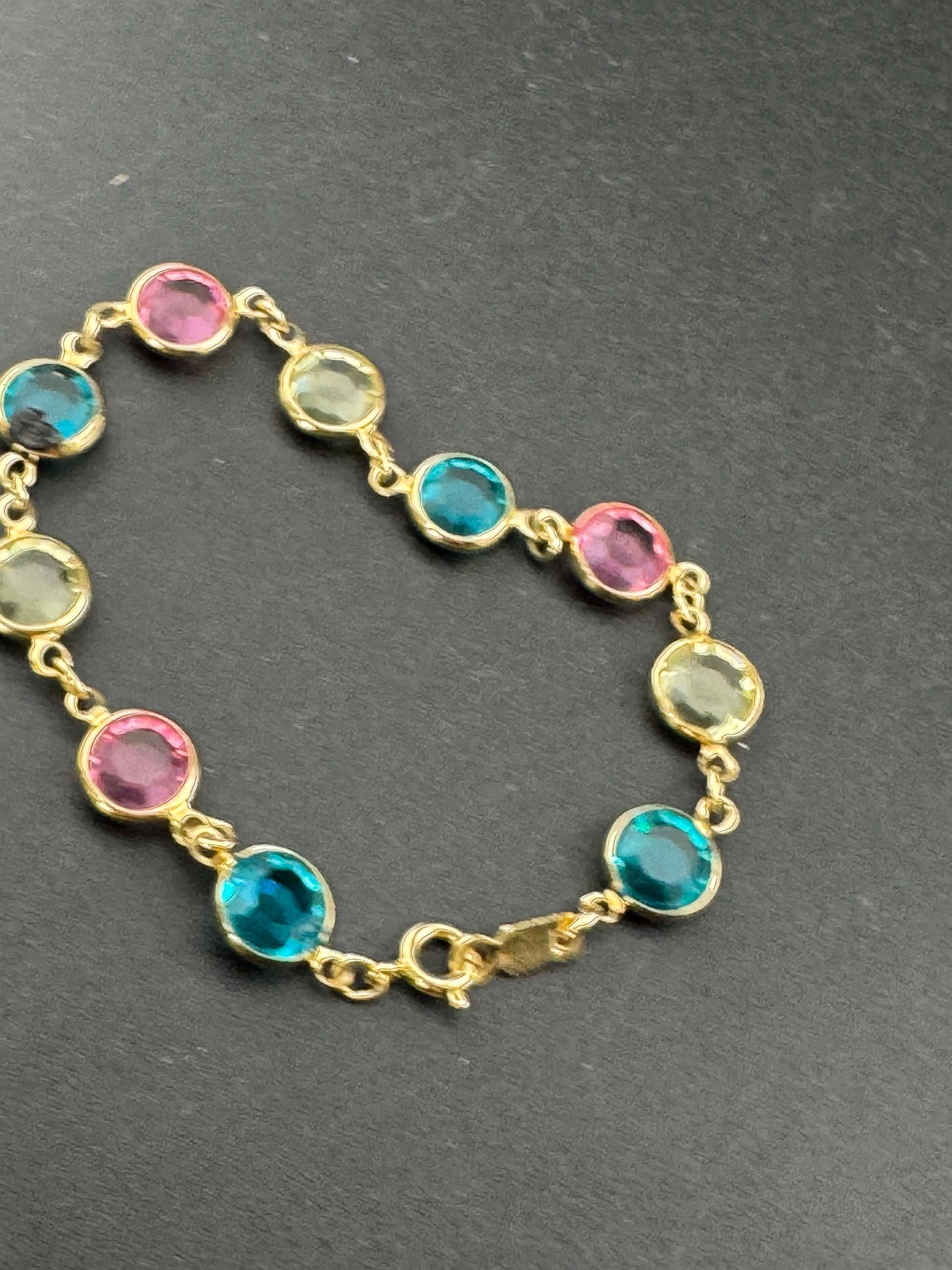 Vintage Swarovski Pastel Rainbow Glass Bracelet: Gold Tone Riviere, 18.5cm