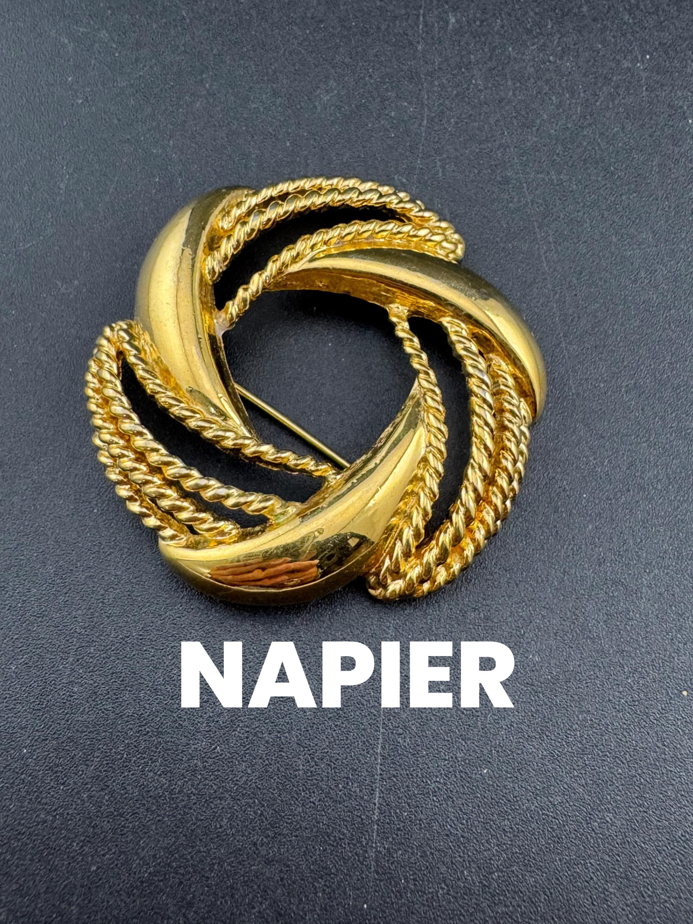 vintage signed Napier modernist mid century gold tone abstract swirl round brooch 5cm roll clasp 1980s
