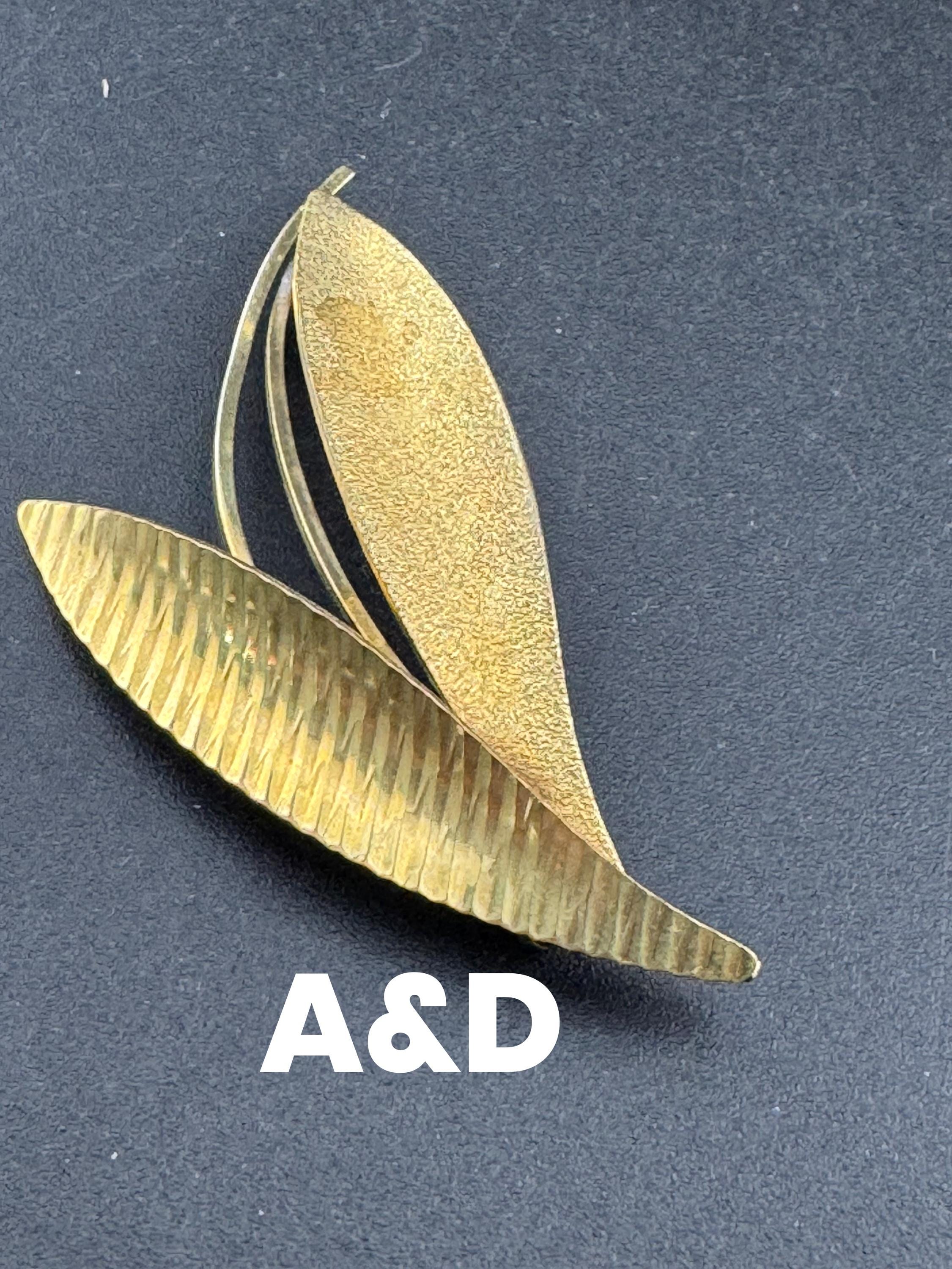 Signed A&D Rolled Gold textured abstract leaf foliat brooch 1950s