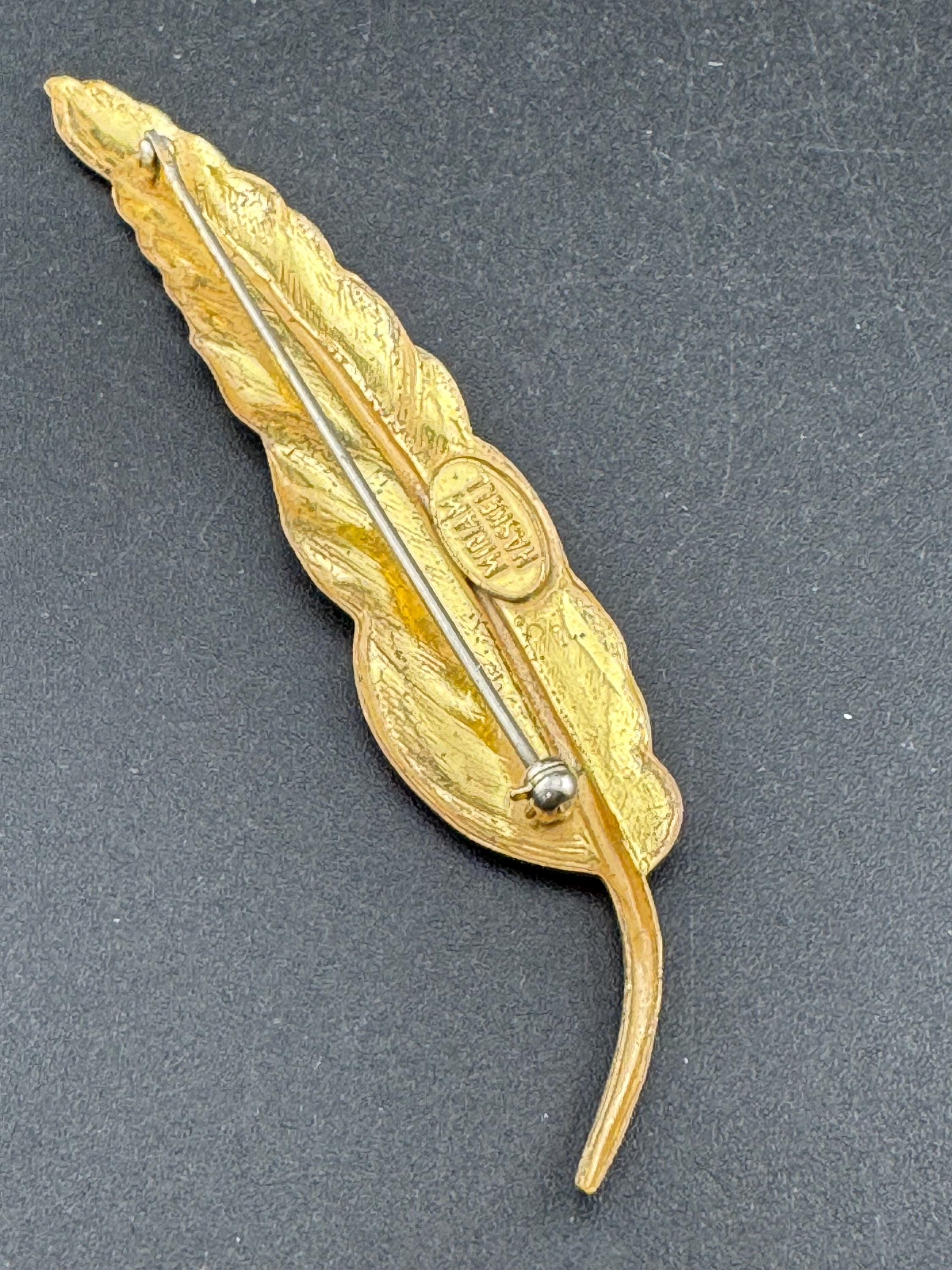 Signed Miriam Haskell vintage long 9cm modernist mid century gold tone leaf brooch