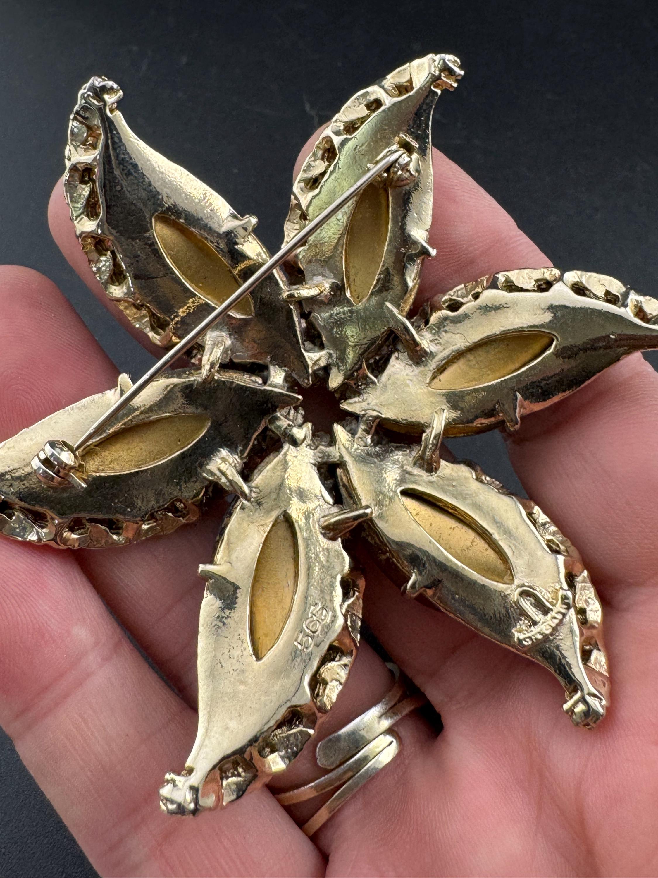 Oversized Rhinestone Leaf Brooch: Red Brown Molded Glass, Gold Tone