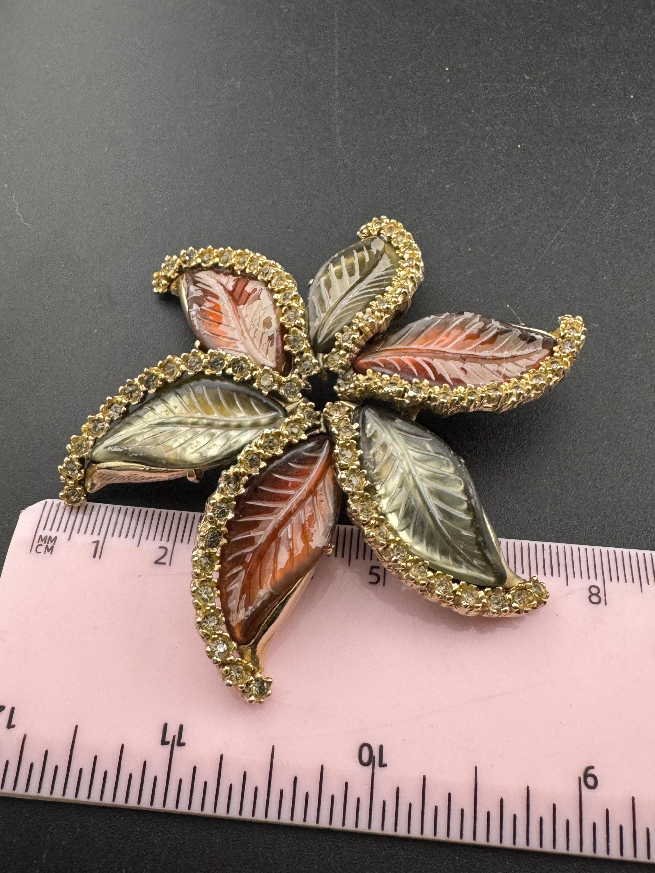 Oversized Rhinestone Leaf Brooch: Red Brown Molded Glass, Gold Tone