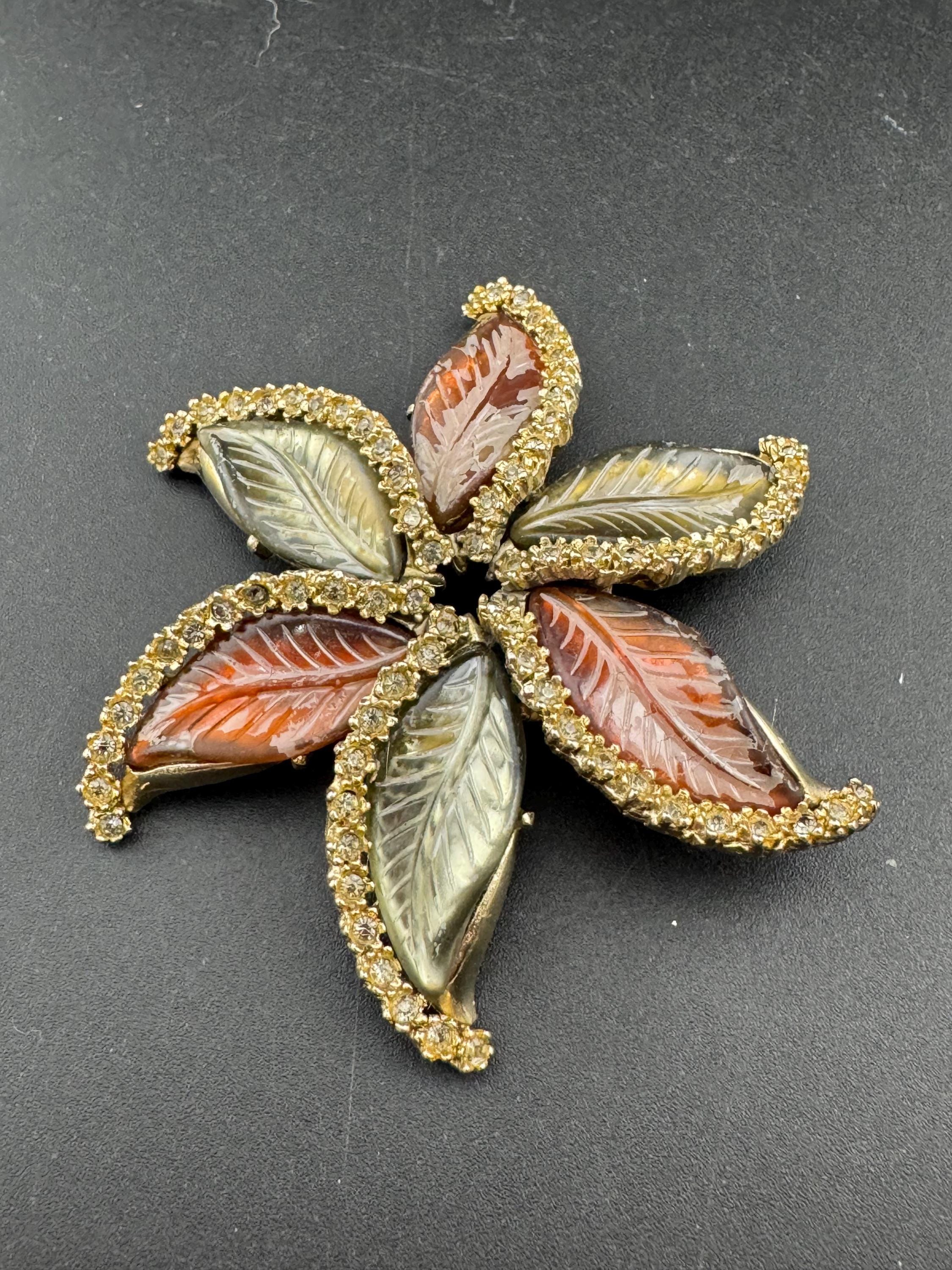 Oversized Rhinestone Leaf Brooch: Red Brown Molded Glass, Gold Tone